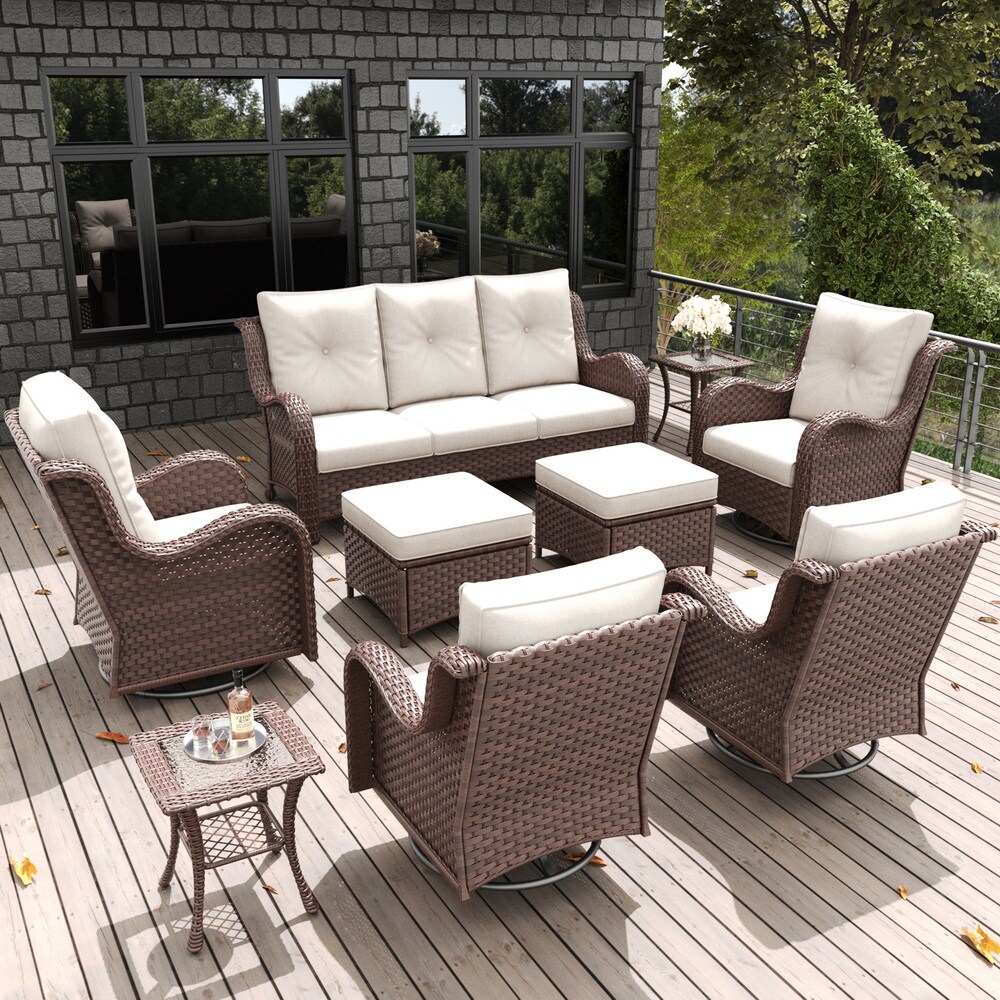 LayinSun BYT6003A-BRBEIGE-9P 9 -Piece Outdoor Rattan Patio Conversation Set with Beige Cushions