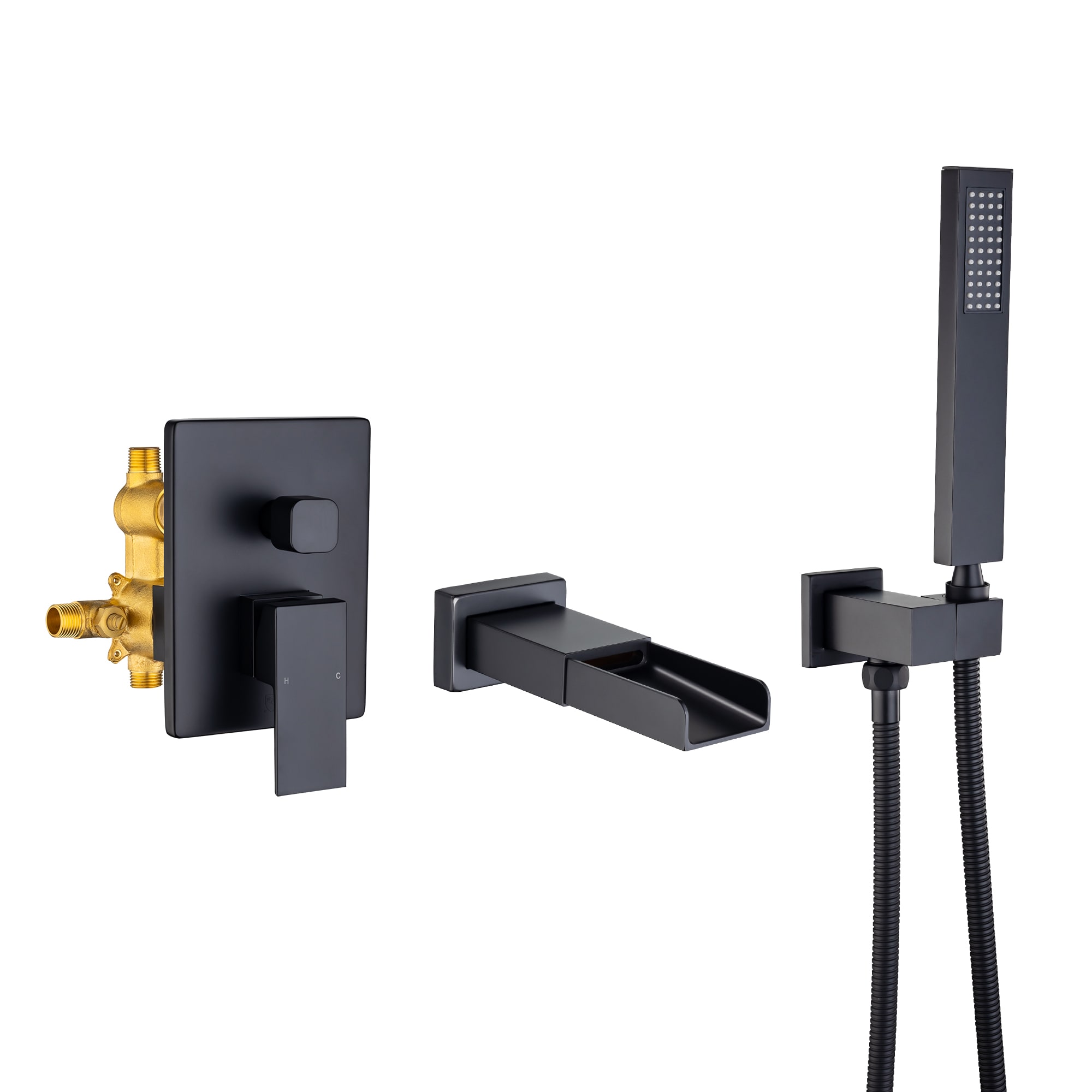 Clihome Matte Black 1 Handle Wall Mount Waterfall Bathtub Faucet With Hand Shower Valve 