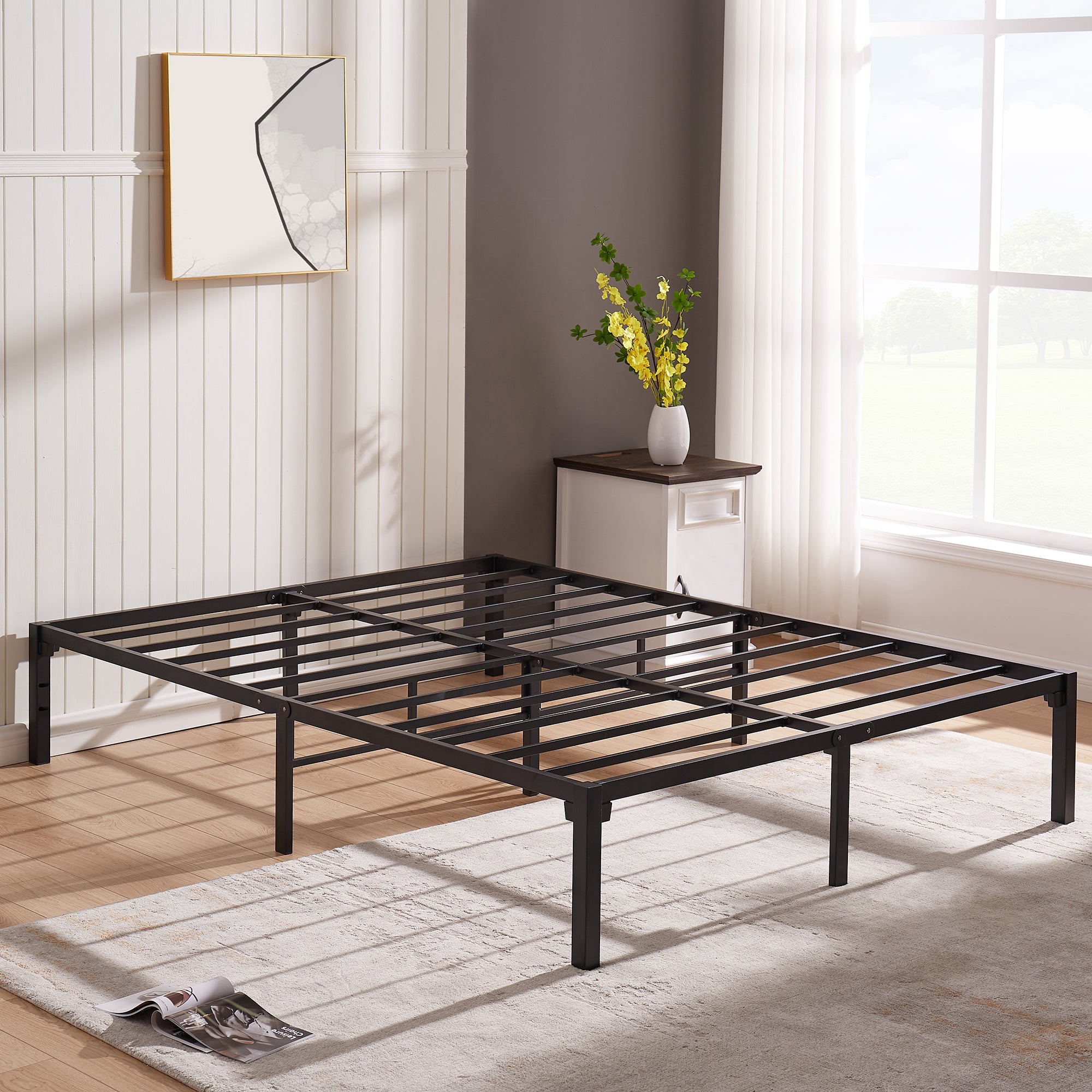Vecelo LOE-Q48-BLK No Screws Queen Size Bed Frame Quick Lock Metal Platform Black