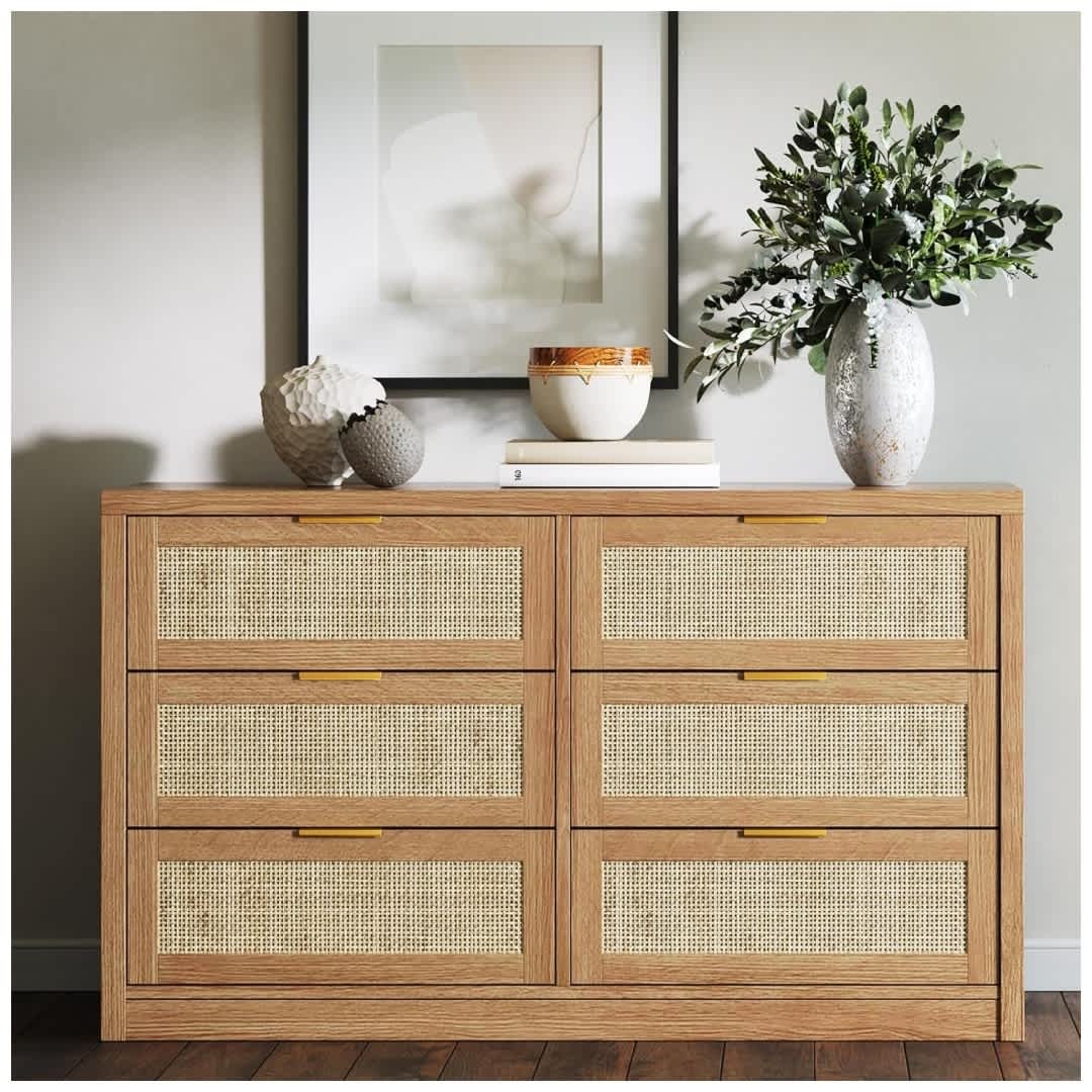 Qeetex NL-PHK-344GYTWQ Light Wood Color Particleboard Rattan Six Drawer Dresser
