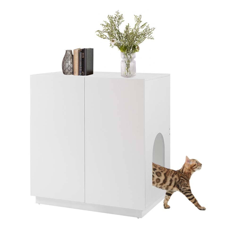 UNIPAWS UH5276 Tall Cat Litter Box Enclosure Hidden Cabinet Furniture with Adjustable Shelf White