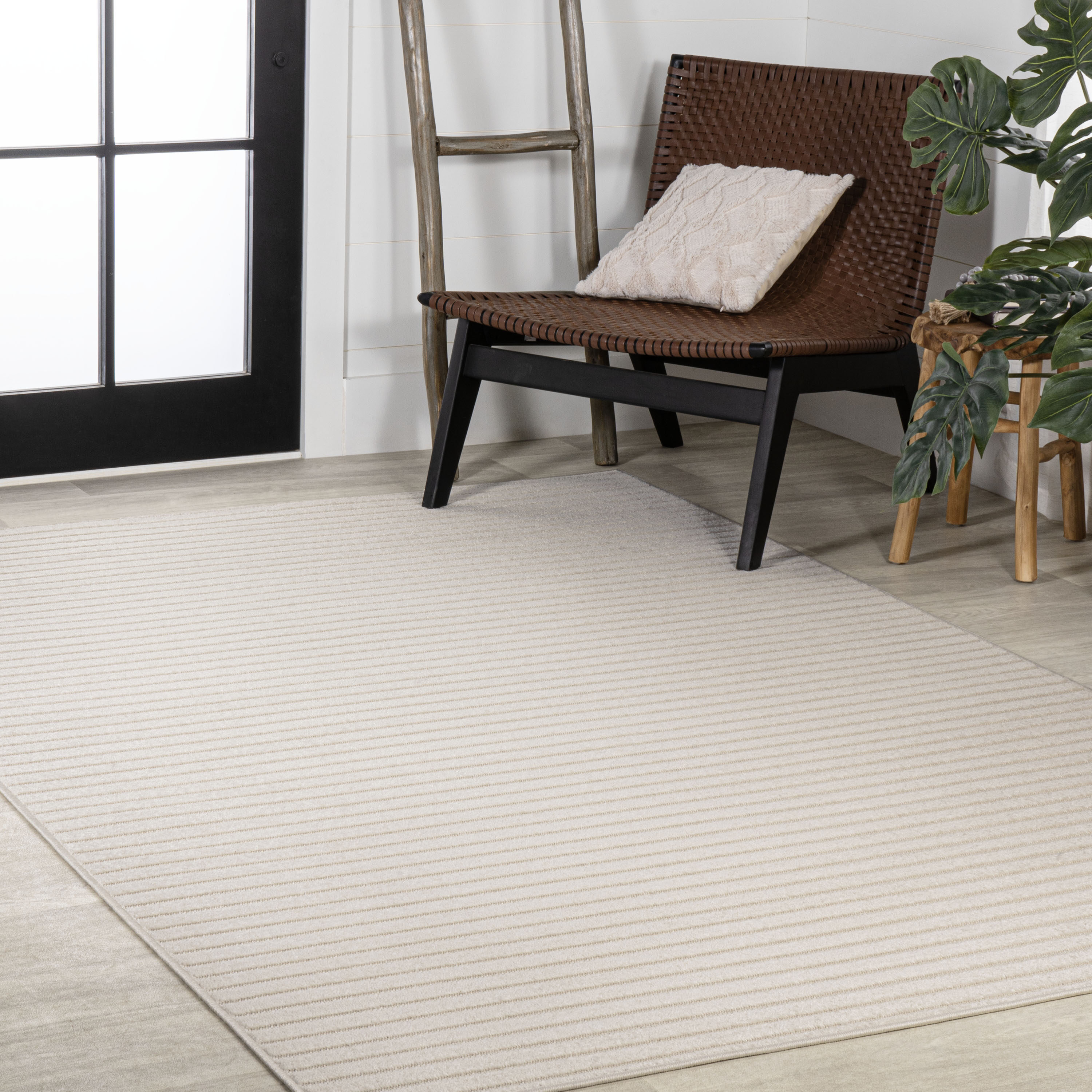 Aarhus Ivory Synthetic Striped 3' x 5' Indoor/Outdoor Rug