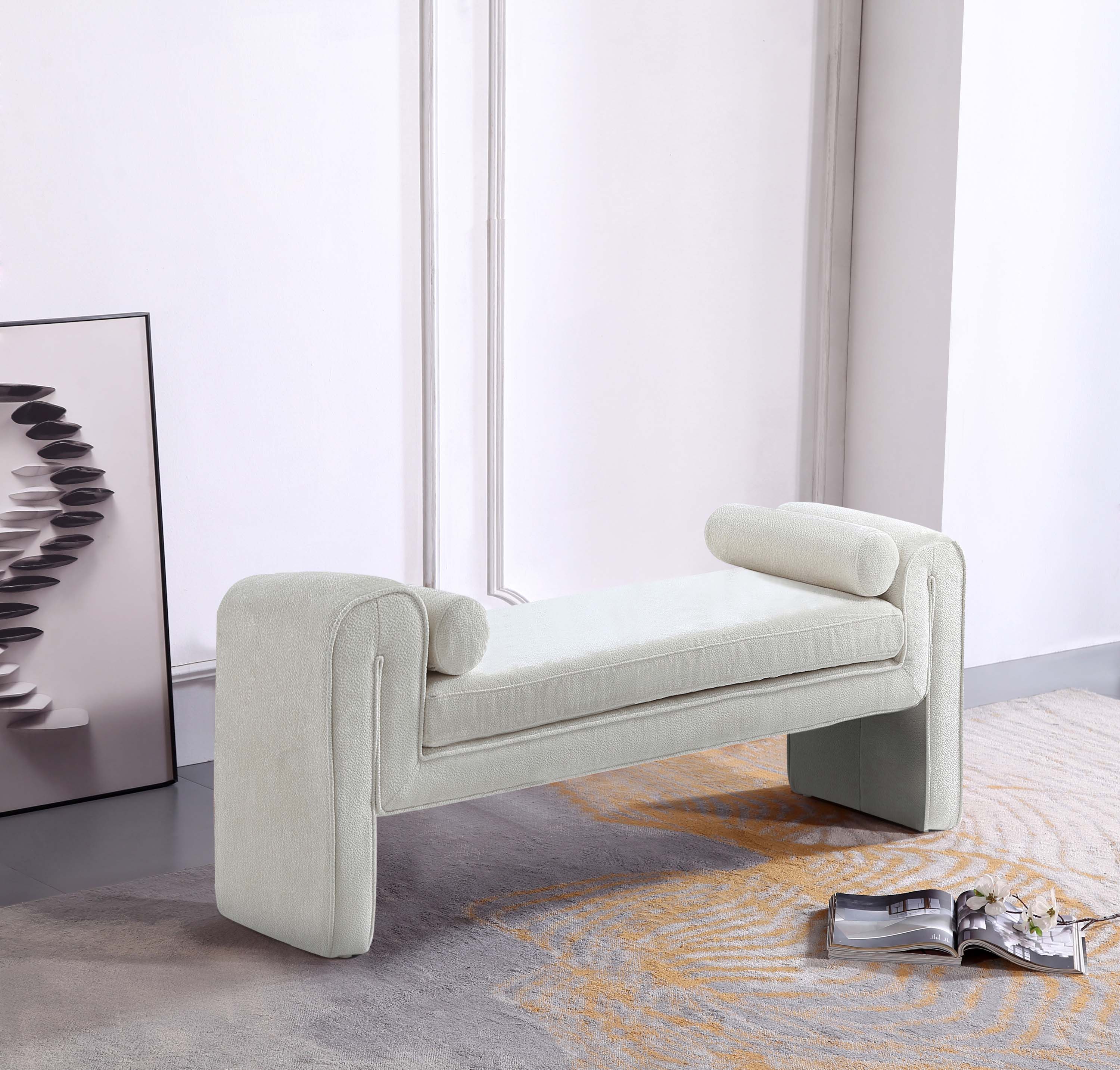 Ivory Chenille Upholstered Bench with Cylinder Pillows, 59"