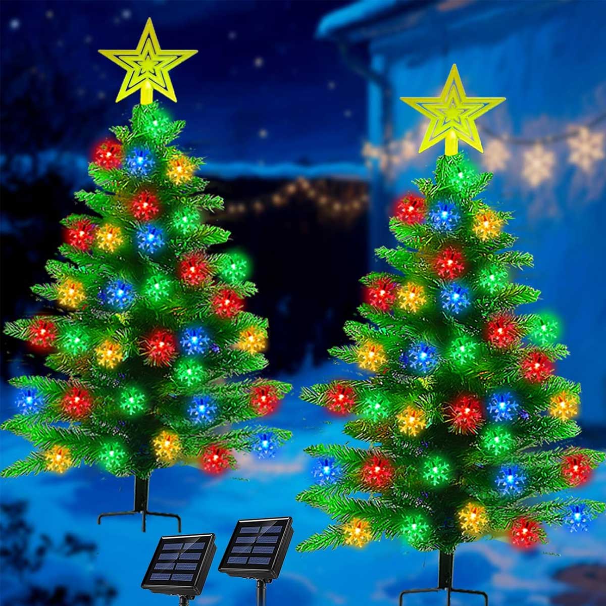 Aoibox  2 Pack 3.6Ft Solar Christmas Tree with 100 Snowflake Lights Waterproof Outdoor Decor for Yard Pathway Porch Cemetery Holiday