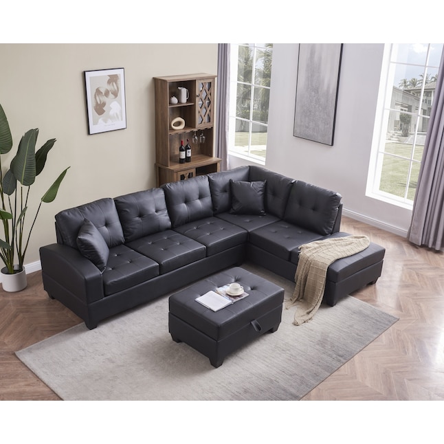 Modern Black Faux Leather Sectional, Living Room Leather Sectional Sets