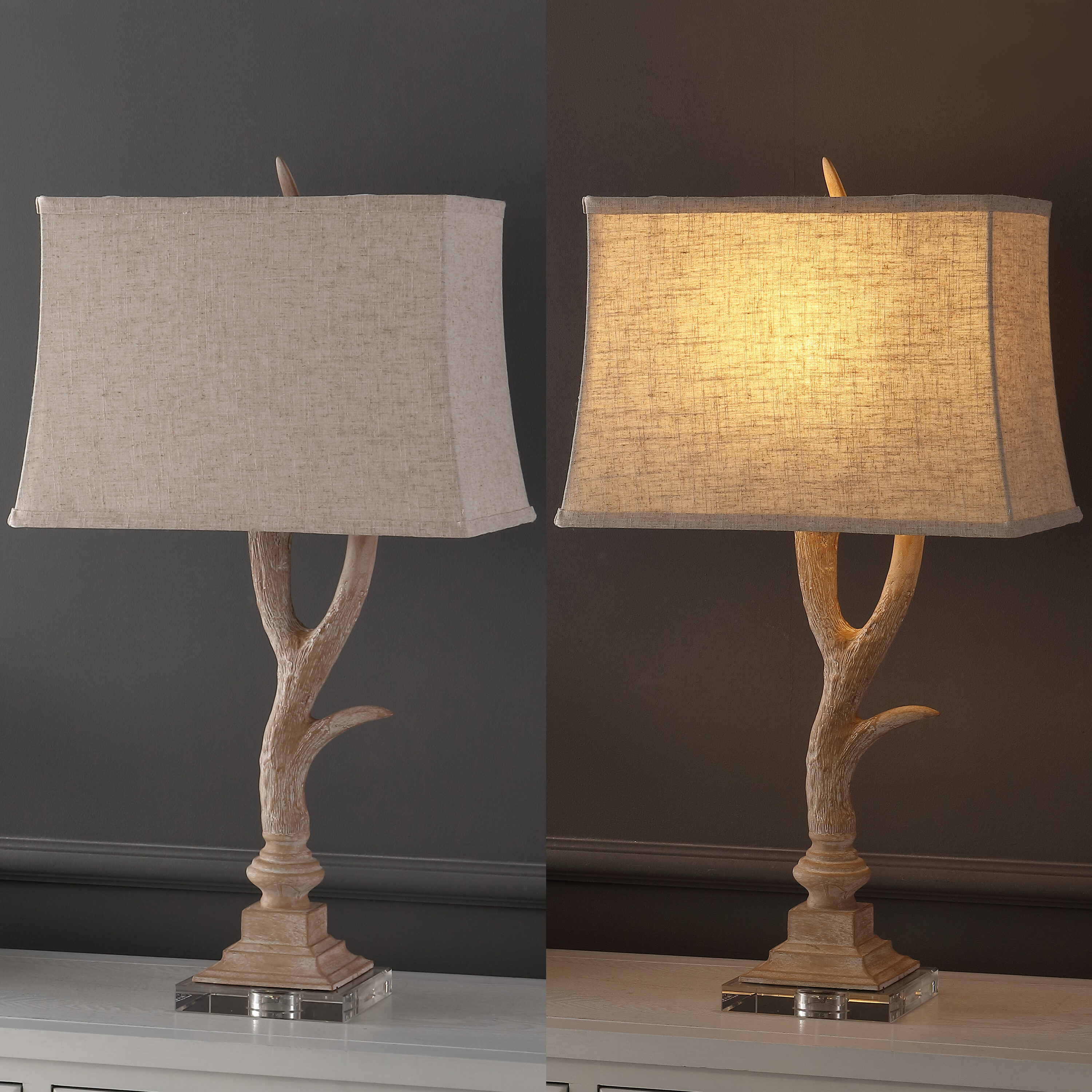 Beige Faux Antler Resin Table Lamp with Linen Shade