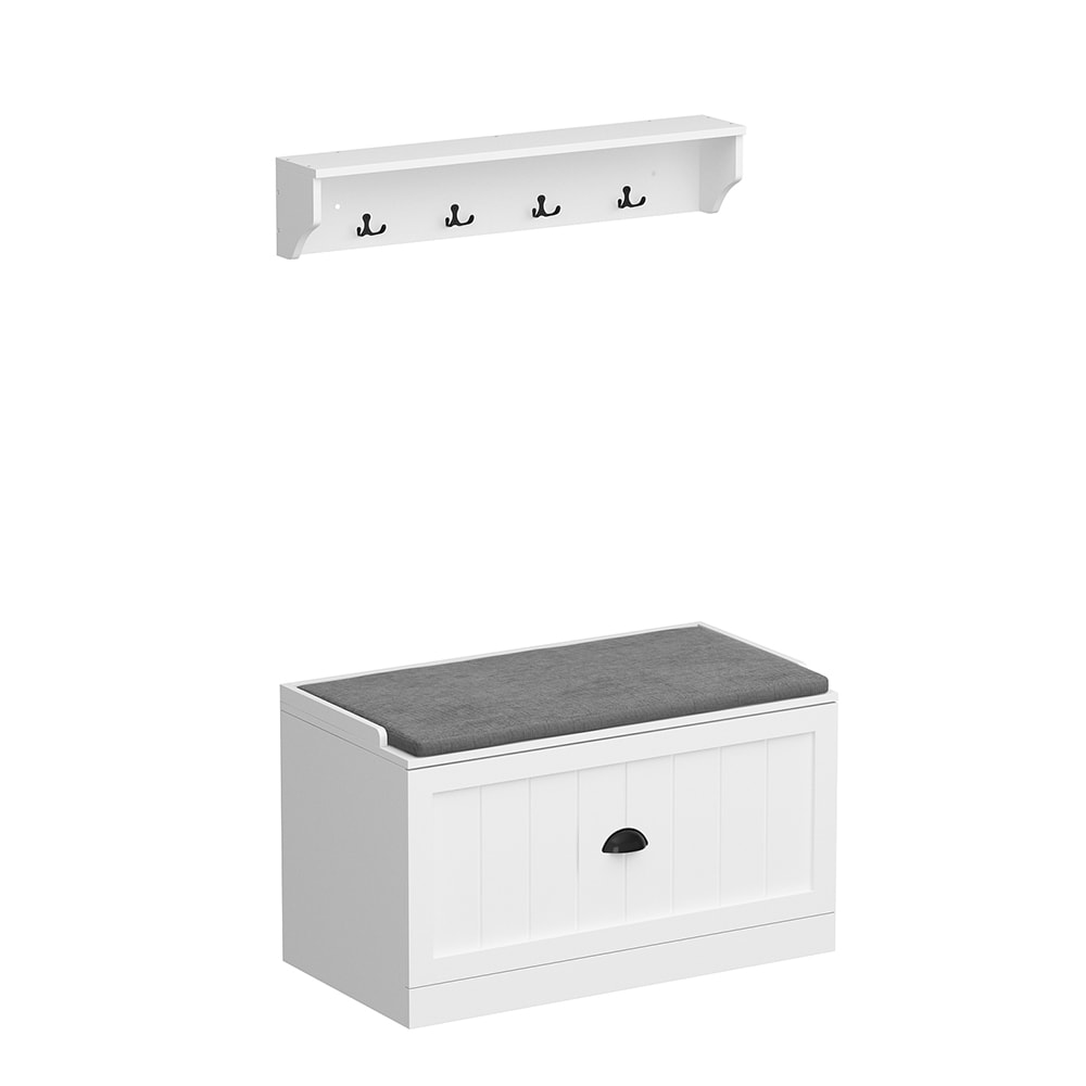  V-KF020323-01 Hall Tree with Separate Shoe Bench Coat Rack Set 3-in-1 Entryway Storage Bench with Cushion Shelves Hall Tree with 4 Hooks for Hallway White