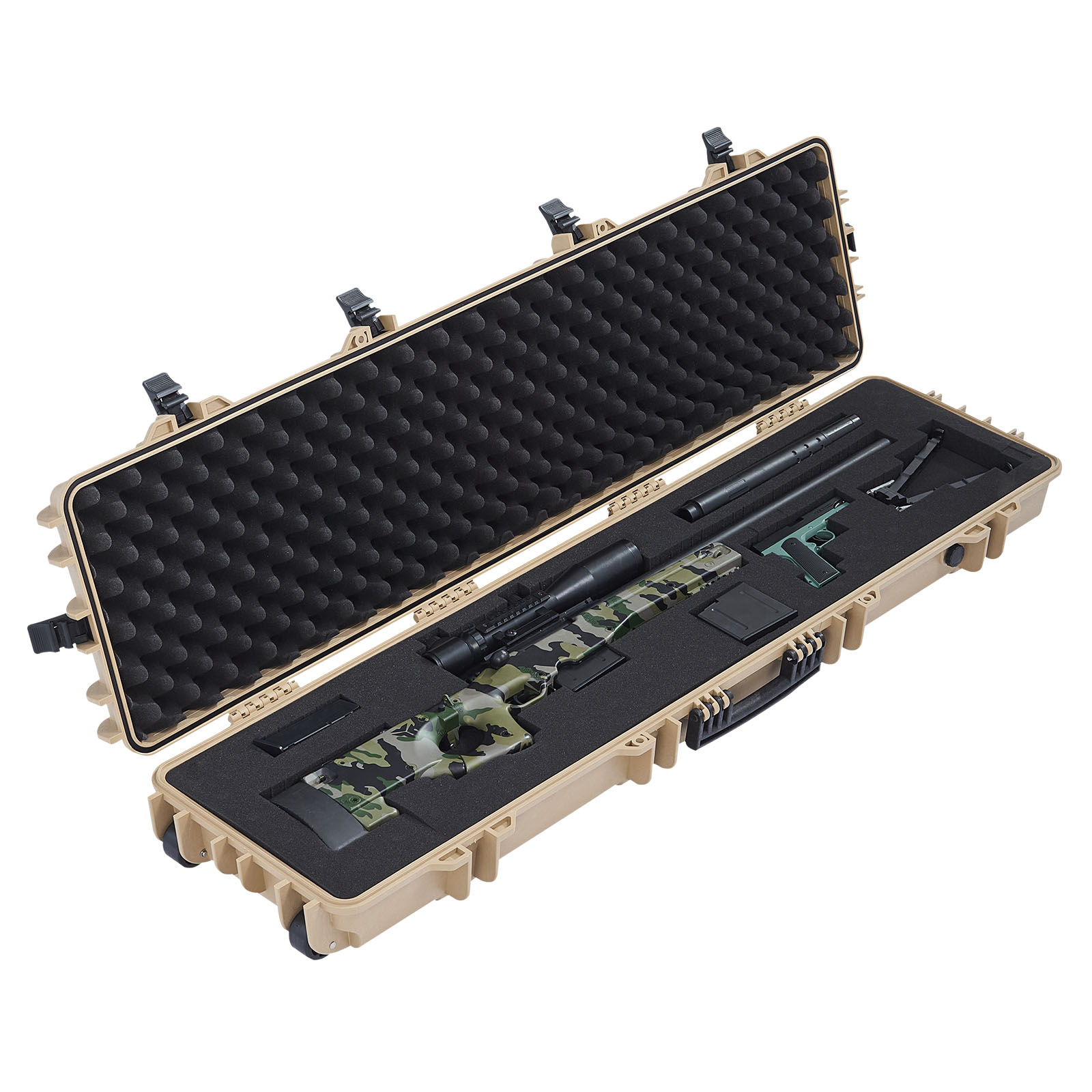 GIVIMO 50-in IP67 Hard Rifle Case with Pre-Cut Foam Lockable TSA-Compliant Gun Storage with Wheels for Rifle Shotgun Airsoft and Pistol Travel in Khaki Color