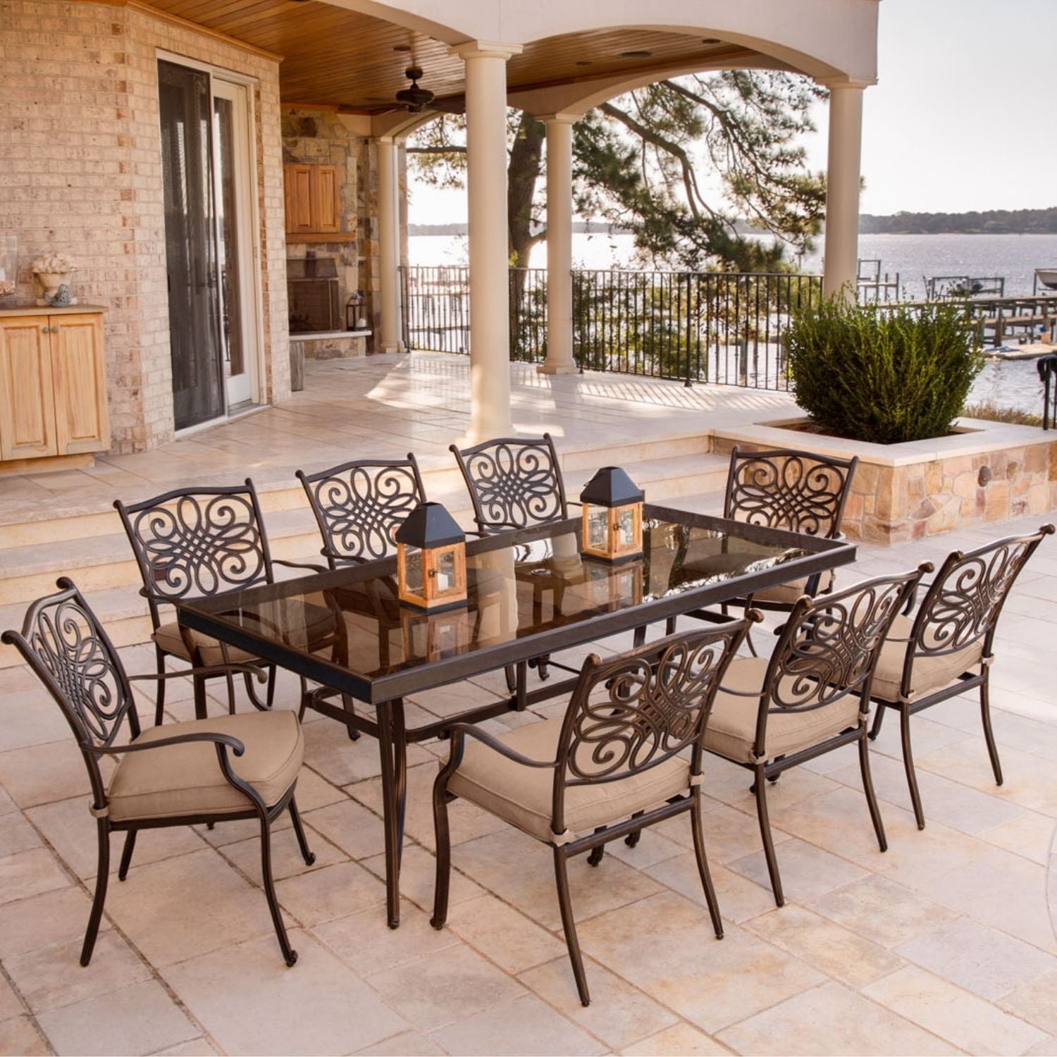 Hanover TRADDN9PCG Traditions 9 -Piece Bronze Patio Dining Set Aluminum Rectangle Table with 8 Tan Cushions Stationary Chairs