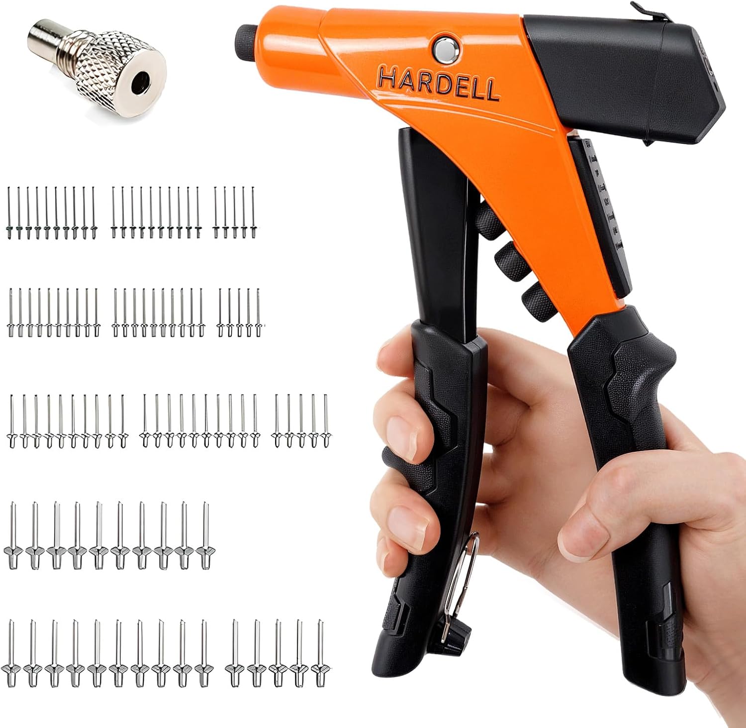 HARDELL B0D1QMBMXR Professional One Handed Rivet Gun Kit with 100 Rivets 4 Interchangeable Heads Manual Pop Riveter for Metal Wood Plastic