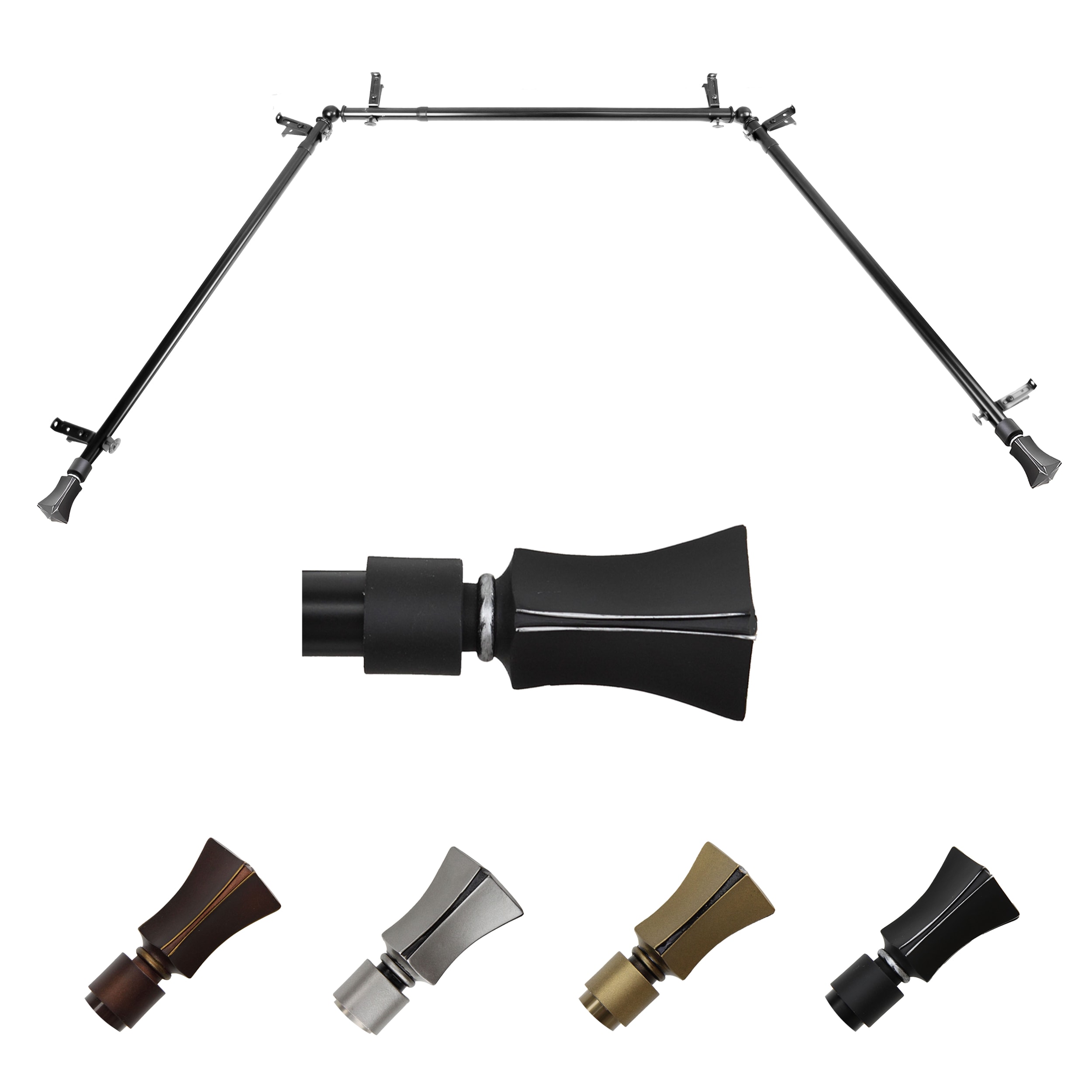 Hart & Harlow L-ABAY-10-2 Tori 13/16-in Bay Black Steel Bay window curtain rod with Finials