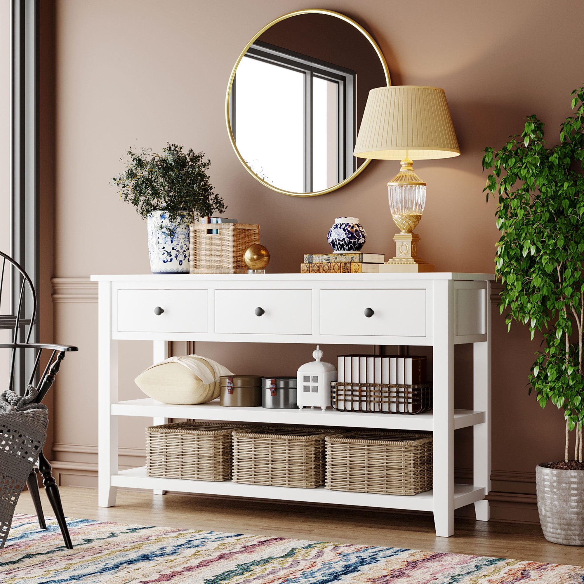 ModernLuxe WF199598AAK Retro Design Console Table with Two Open Shelves Pine Solid Wood Frame and Legs for Living Room Antique White