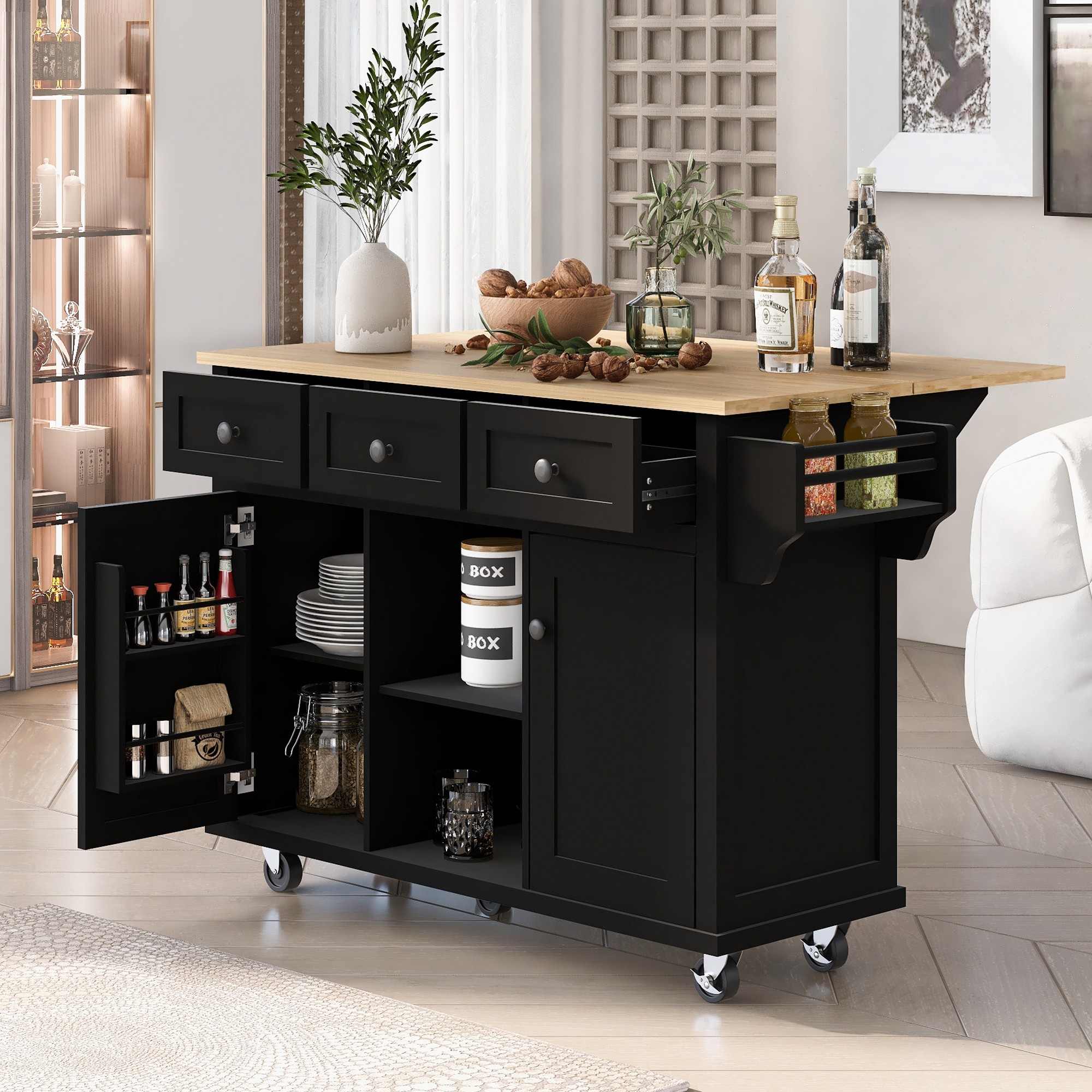 Xspracer ML-KI28AAB Black MDF Base with Wood Wood Top Rolling Kitchen Island ( 30-Inches x 53-Inches x 37-Inches )