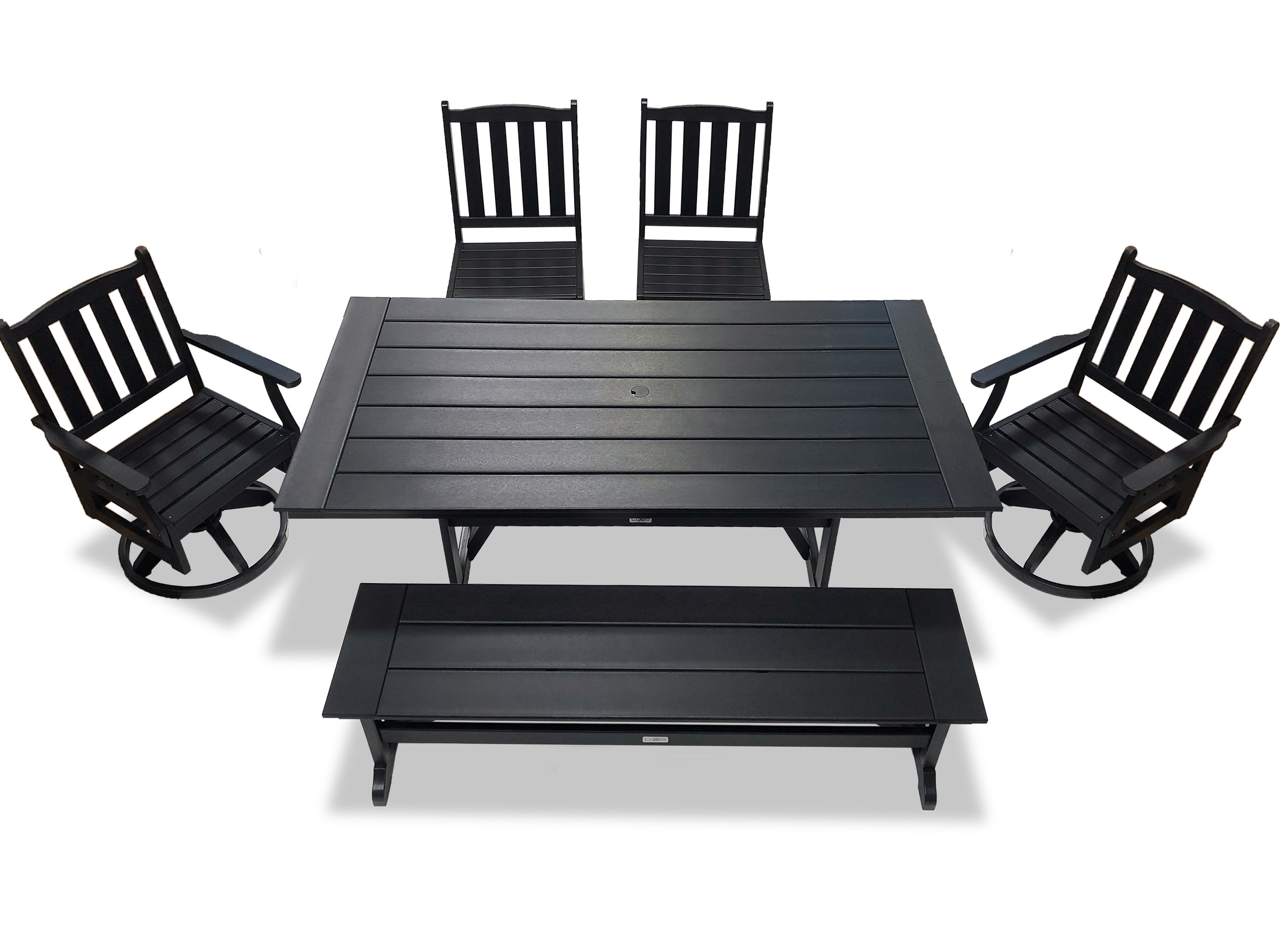 LuXeo 1658-1655-BLK6B Tuscany HDPE Swivel 6-Piece 6 -Piece Black Patio Dining Set Plastic Rectangle Table with 2 Swivel Chairs