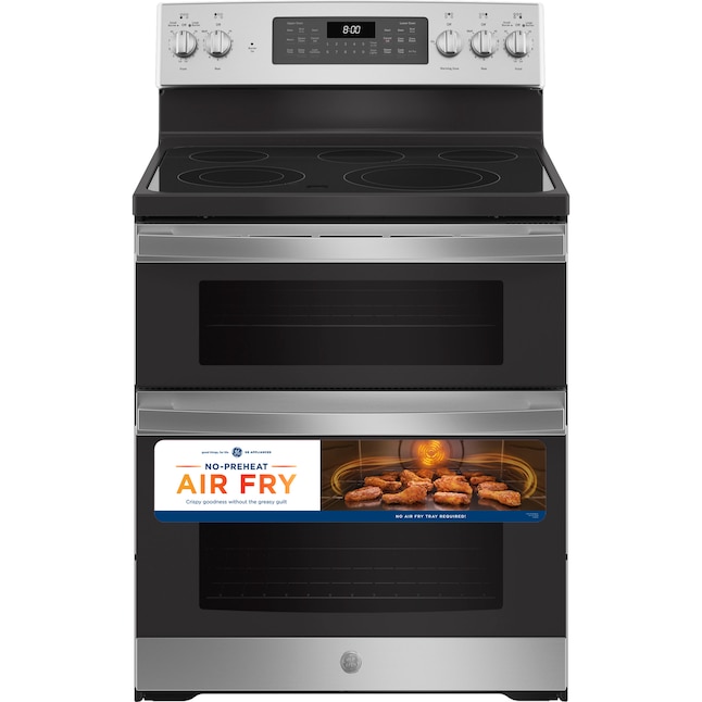 GE 30-in Glass Top 5 Elements 4.4-cu ft / 2.2-cu ft Air Fry Convection Oven  Freestanding Double Oven Electric Range (Stainless Steel) in the Double Oven  Electric Ranges department at