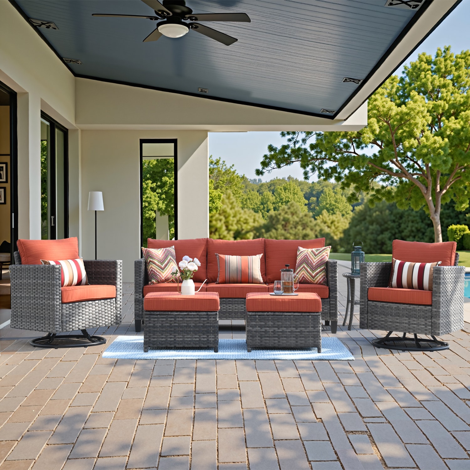 Pouuin SYZGRS806M 6 -Piece Wicker Patio Sofa Conversation Set with Orange Olefin Cushions