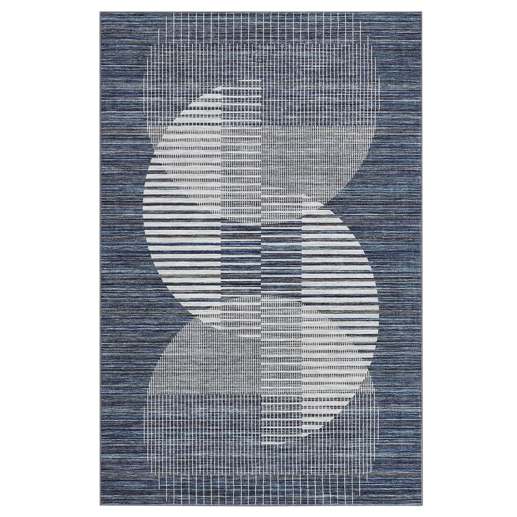 WhizMax SUNNY-PHK-33YDSFLQ 8 x 10 ft Polyester Blue Rectangular Living Room Bedroom Dining Room Geometric Semi Circle Print Modern Machine Washable Area Rug