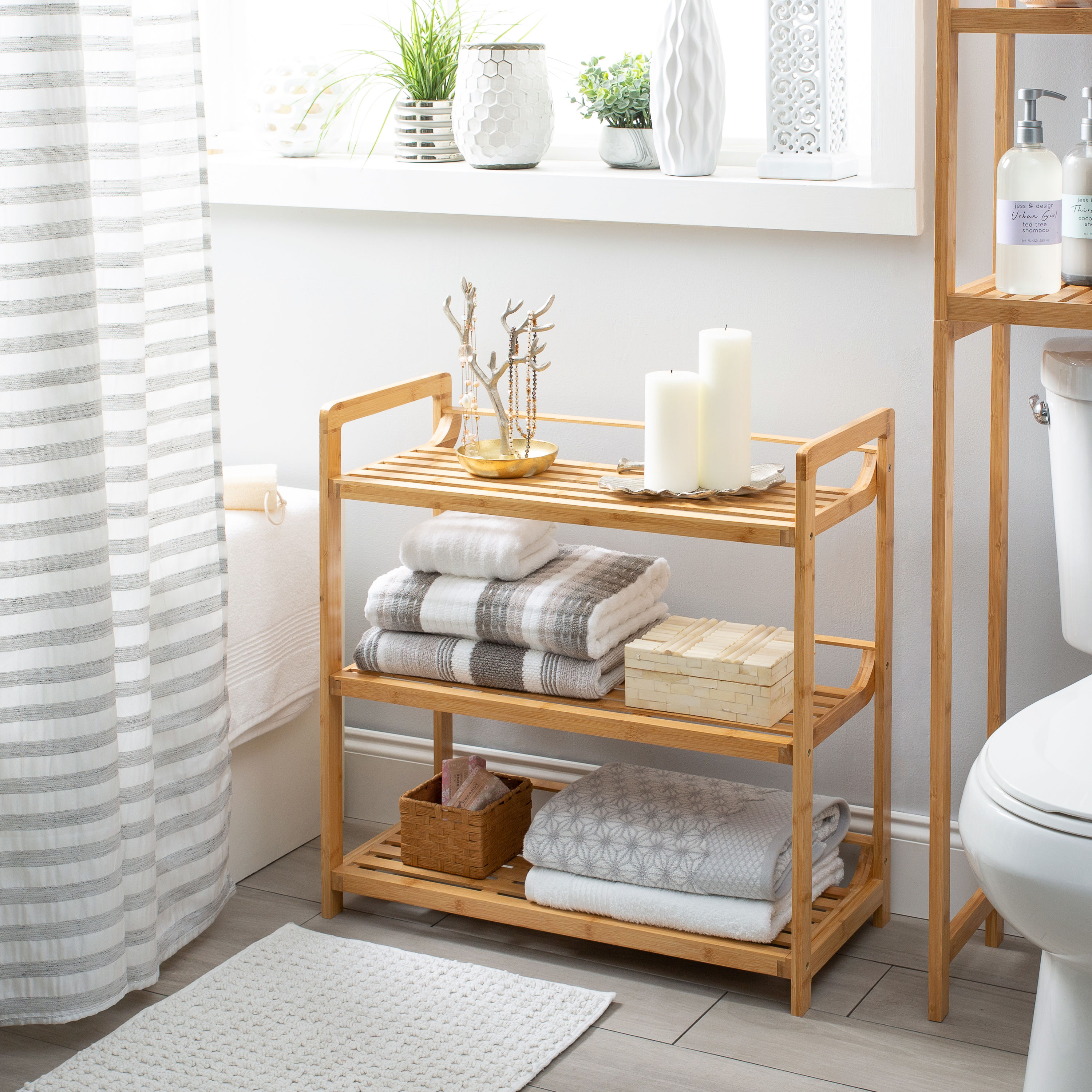 Bamboo Bathroom Shelves Organizer Shelves for Storage Black Adjustable 3  Tiers Floating Shelf Over The Toilet Storage with Hanging Rod