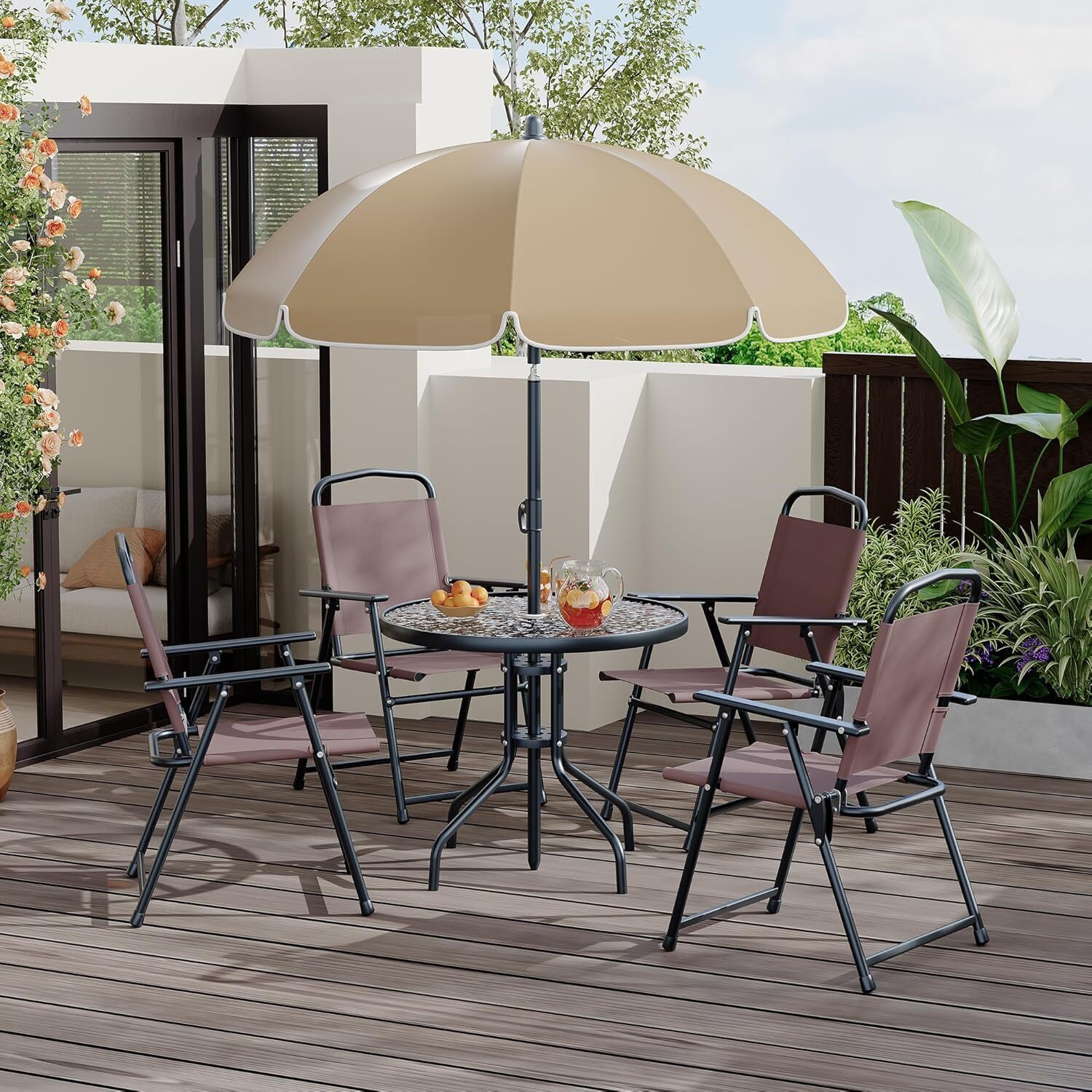 6 piece outdoor patio set with umbrella Garvee 6 Pieces Outdoor Dining Set With Umbrella Patio Table and 5 Folding  Chairs With Umbrella Garden Patio Furniture Set With Umbrellas Tempered  Glass Top Dining Table -Caqui in the Dining Room