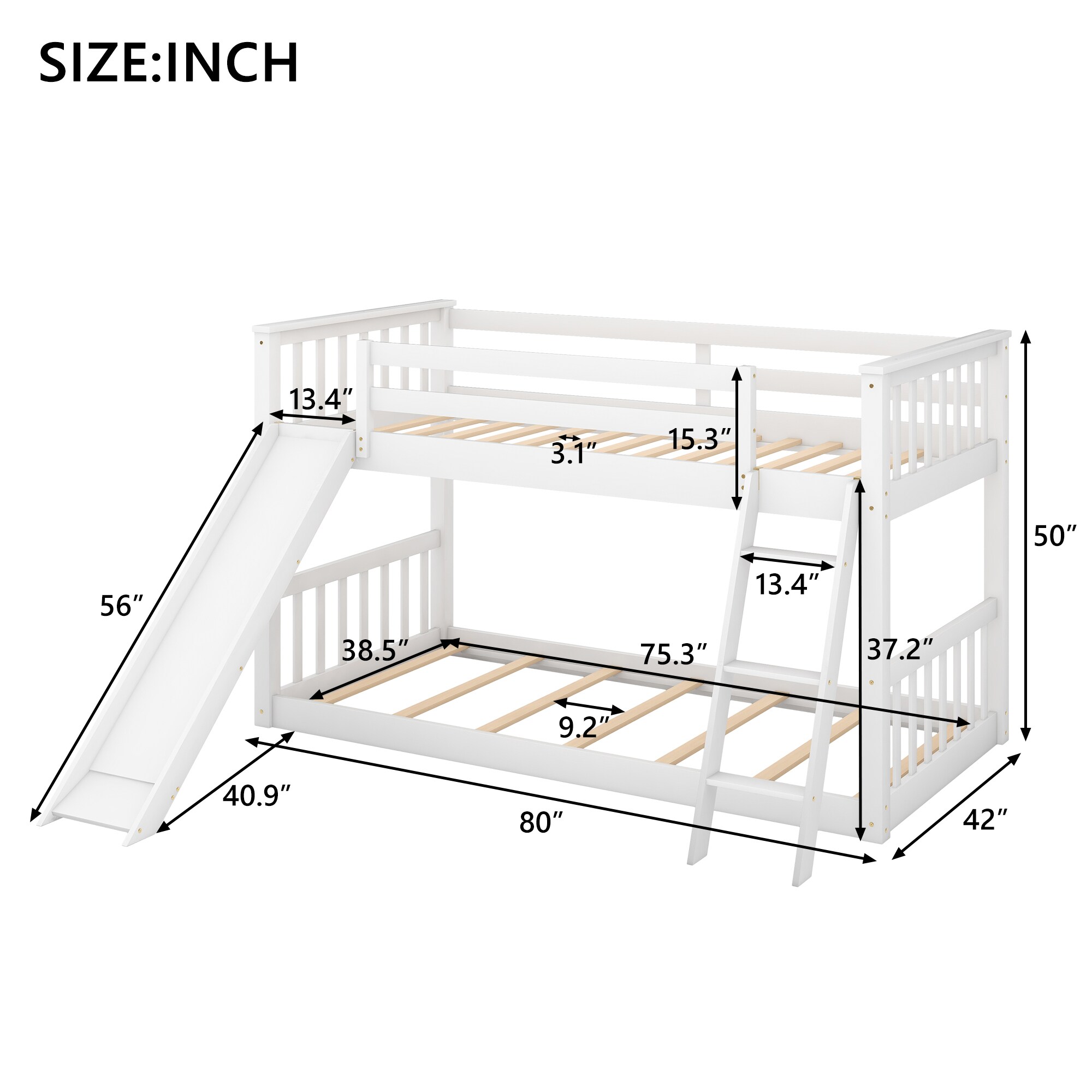 CASAINC Twin/full bunk bed White Twin Wood Bed Frame with Storage in ...