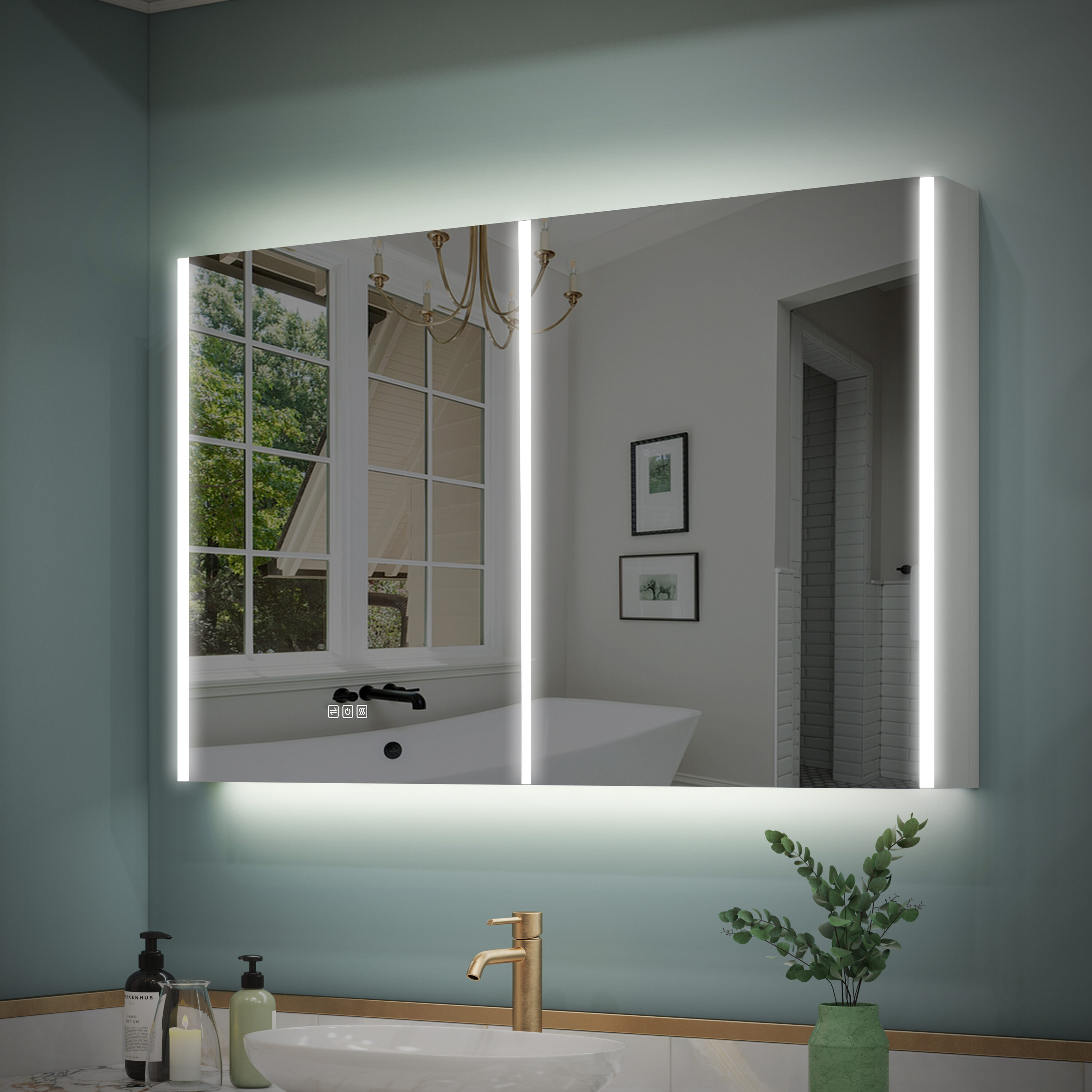 WELLFOR W14MCL4830 CHIC LED Mirrored Medicine Cabinet 48-in x 30-in Lighted LED Fog Free Surface Mount Silver Mirrored Rectangle Soft Close Medicine Cabinet with Outlet