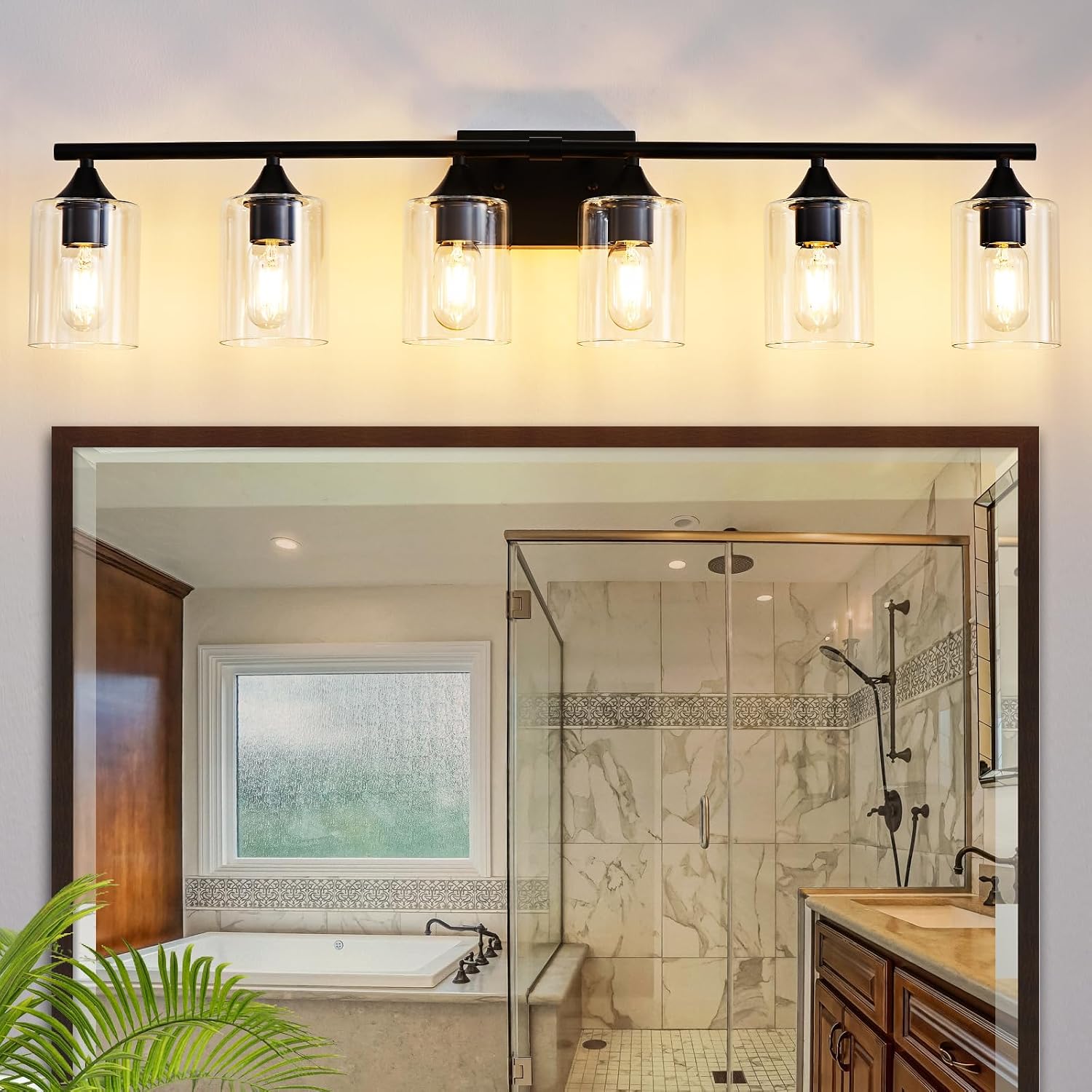 XPEHK 6 Light Matte Black Bathroom Vanity Light Modern Wall Sconce with Clear Glass Shade