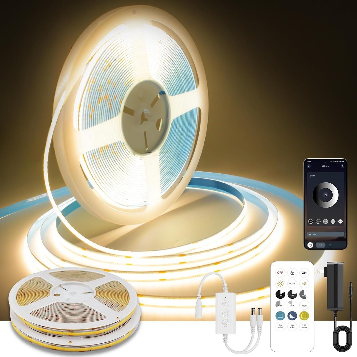 Tradufa  50ft COB LED Strip Light Kit Warm White 3000K Dimmable 24V Bluetooth App and Remote Control Flexible Cuttable Tape for Bedroom Wardrobe Cabinet