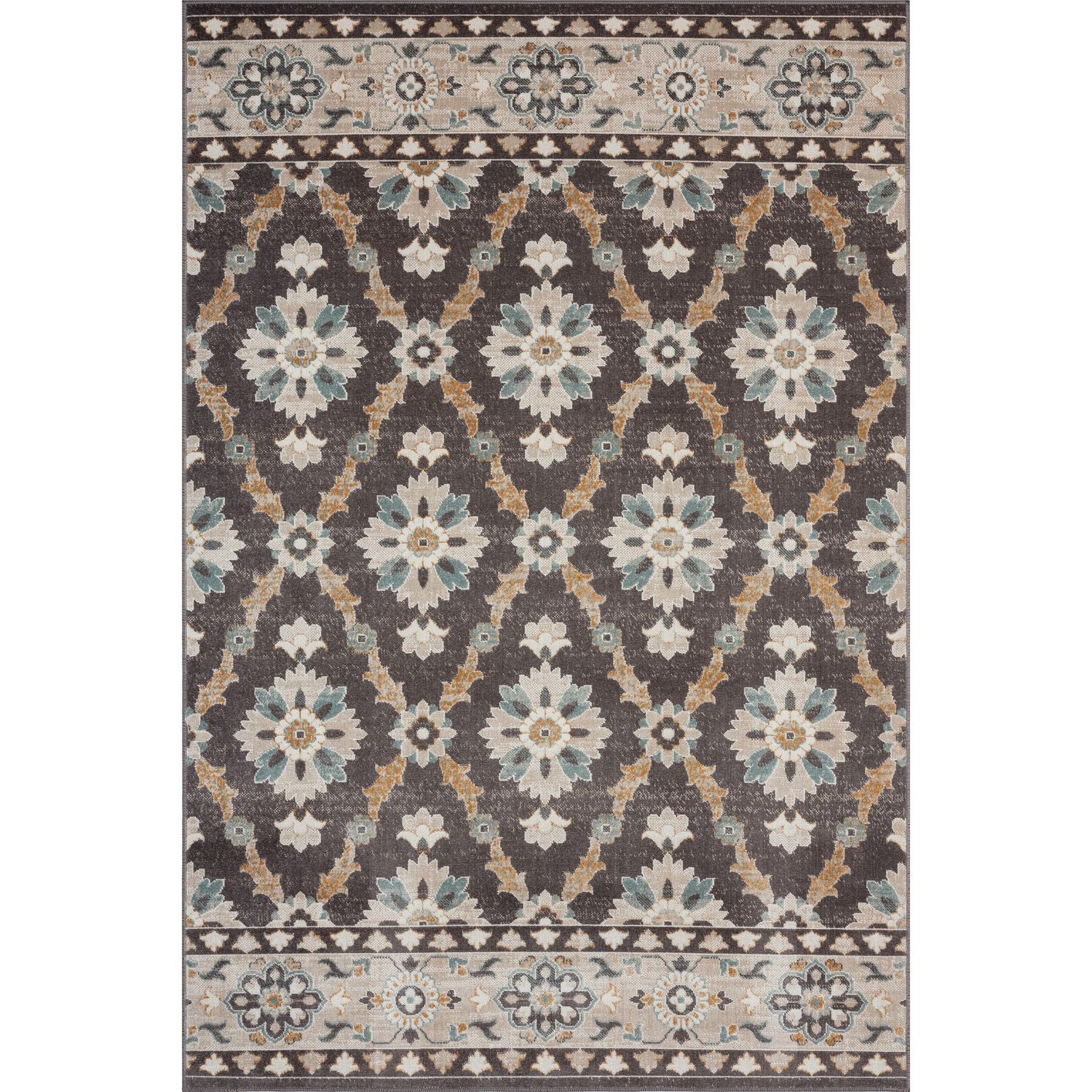 Reversible Rectangular Blue Floral Easy-Care Synthetic Area Rug