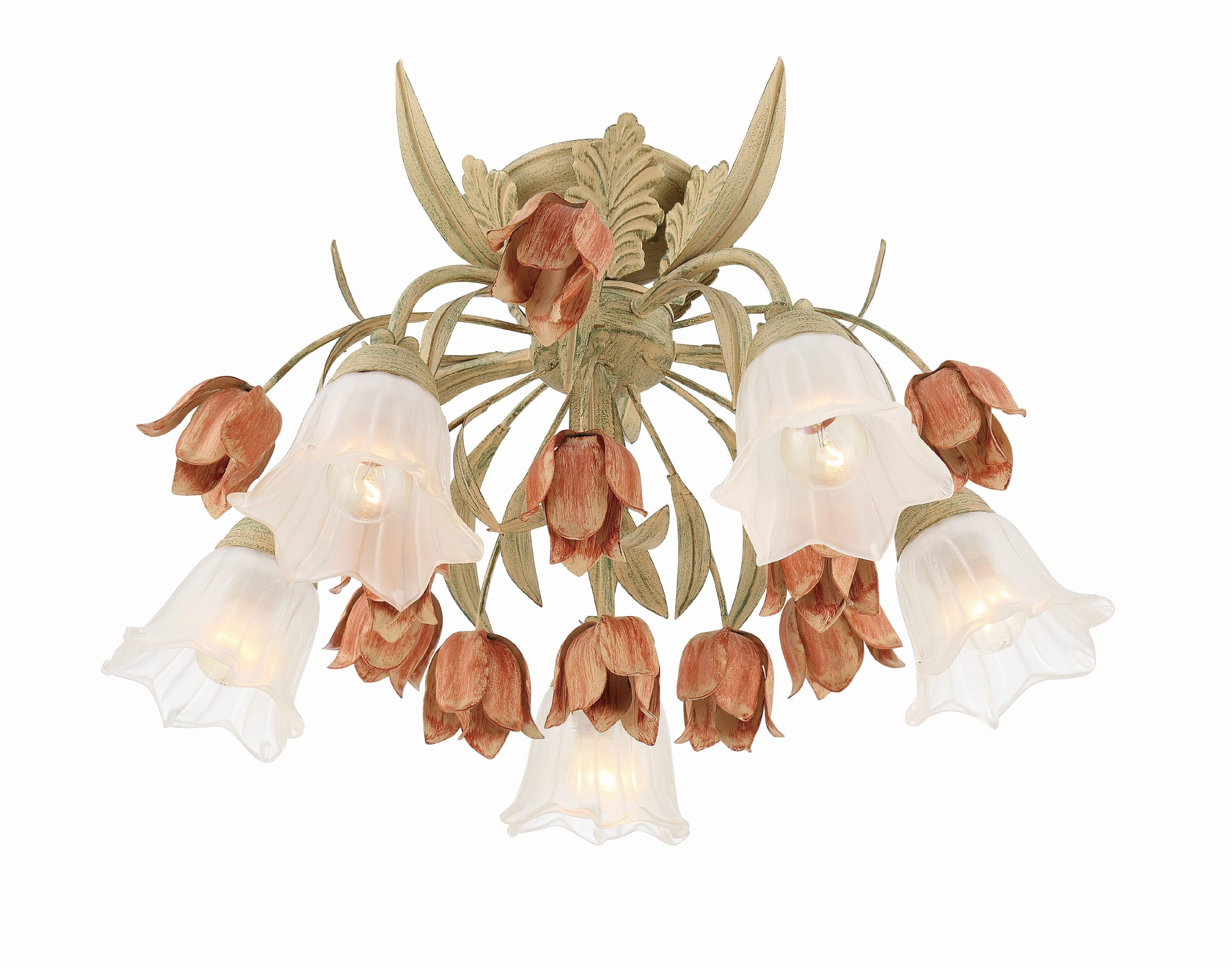 Sage Rose Floral 5-Light Semi Flush Mount with Glass Shades