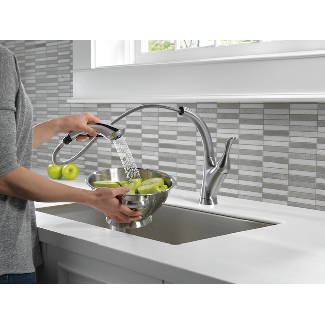 Delta Linden Arctic Stainless 1-Handle Deck-Mount Pull-Out Handle Kitchen Faucet (Deck Plate Included) Delta Linden Arctic Stainless 1-Handle Deck-Mount Pull-Out Handle Kitchen Faucet (Deck Plate Included)