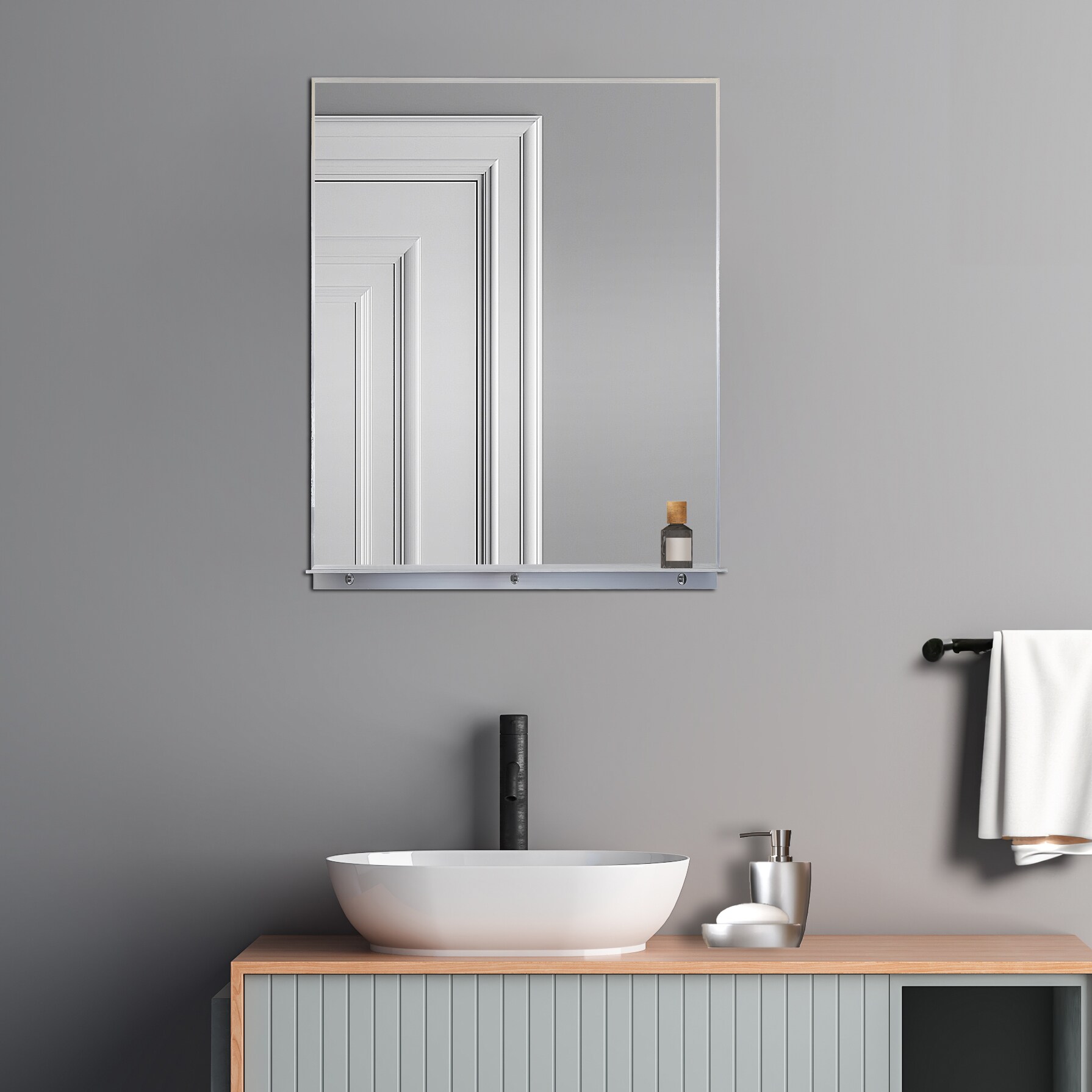 Lexi 24" x 32" Silver Aluminum Rectangular Mirror with Shelf