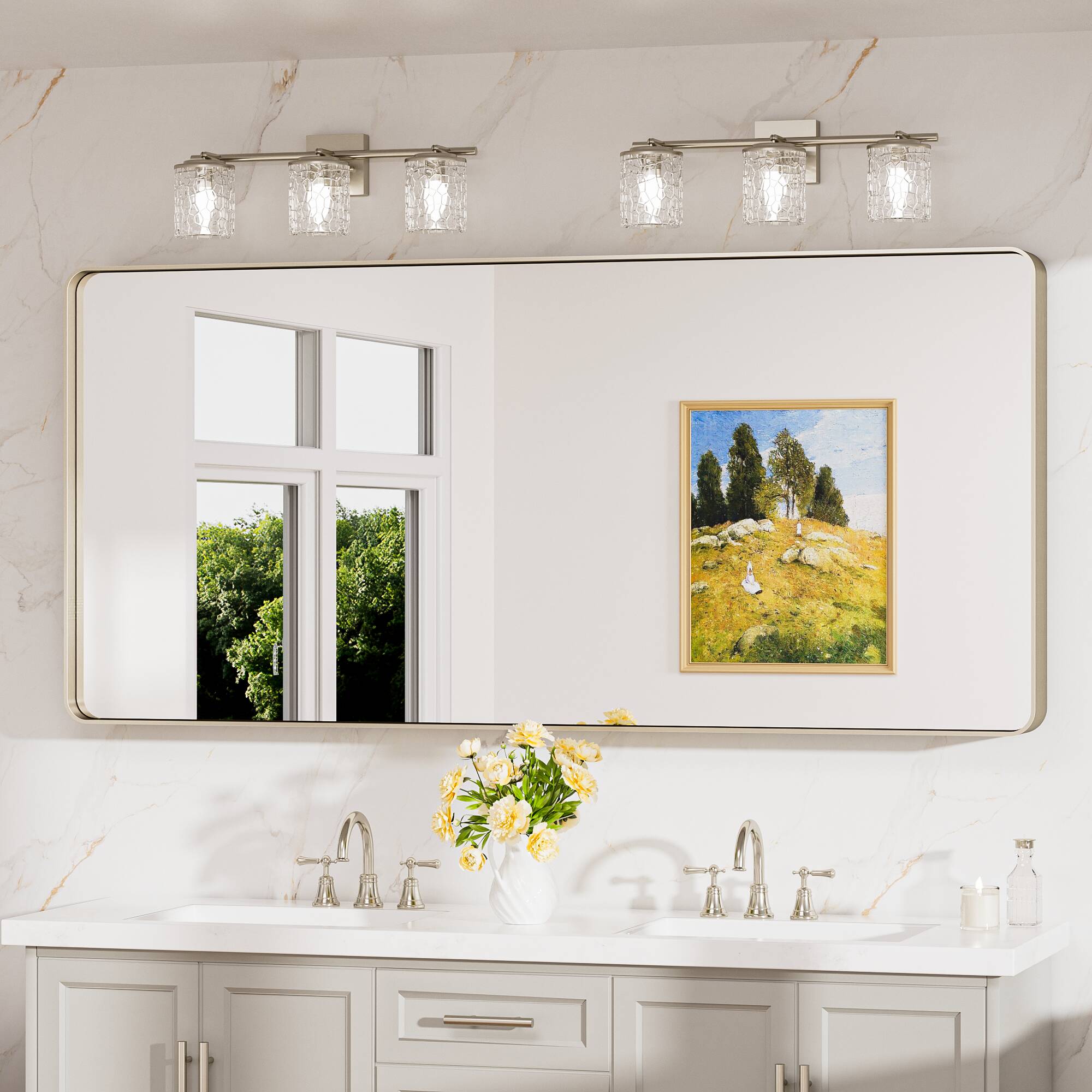 Keonjinn LW-JSKYJ2-15070NI Bathroom Mirrors 60-in W x 28-in H Rectangle Brushed Nickel Framed Wall Mirror