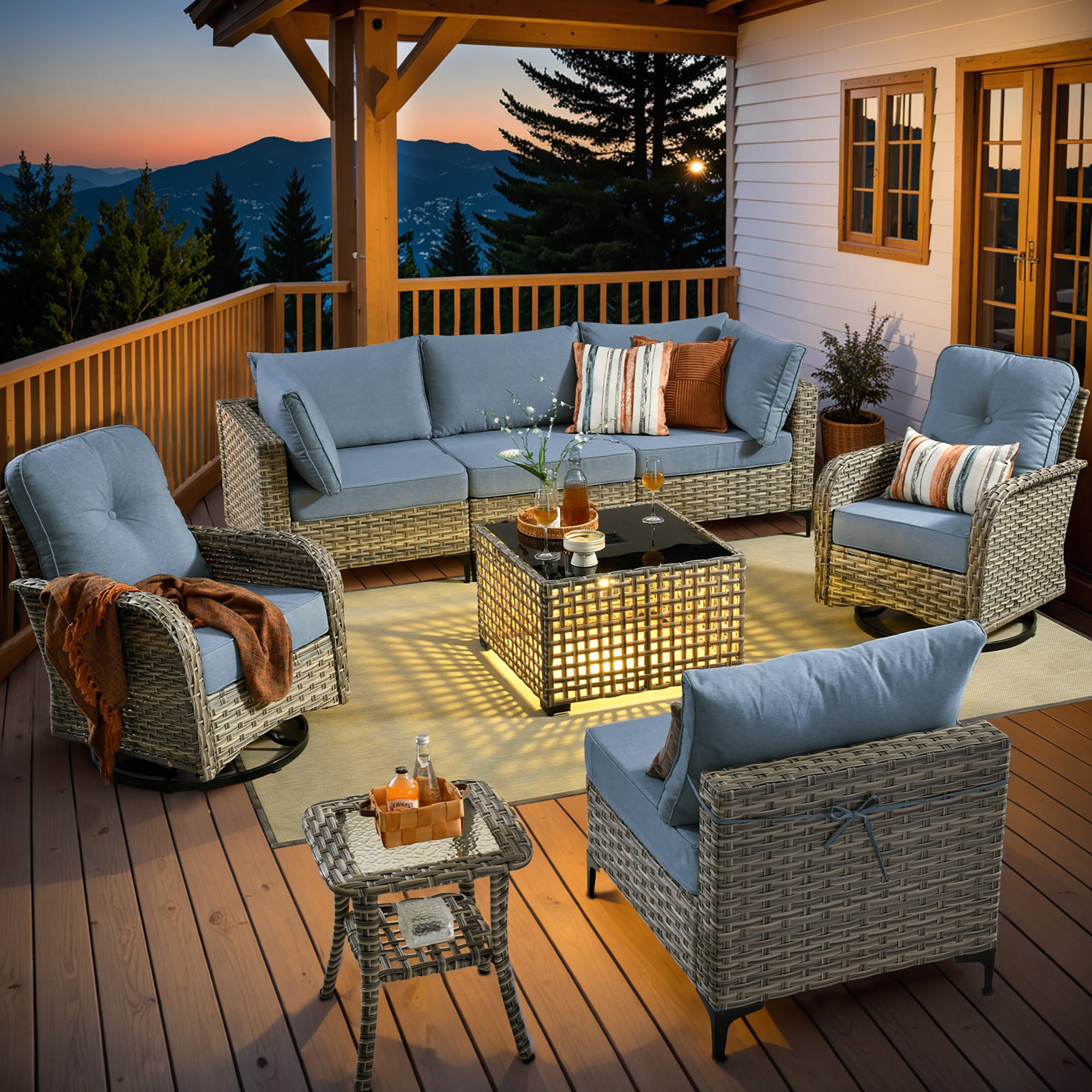 Caodoc L5-VYZSKT508-1 VYZSKT Wicker Outdoor Sofa with Blue Cushions and Wicker Frame