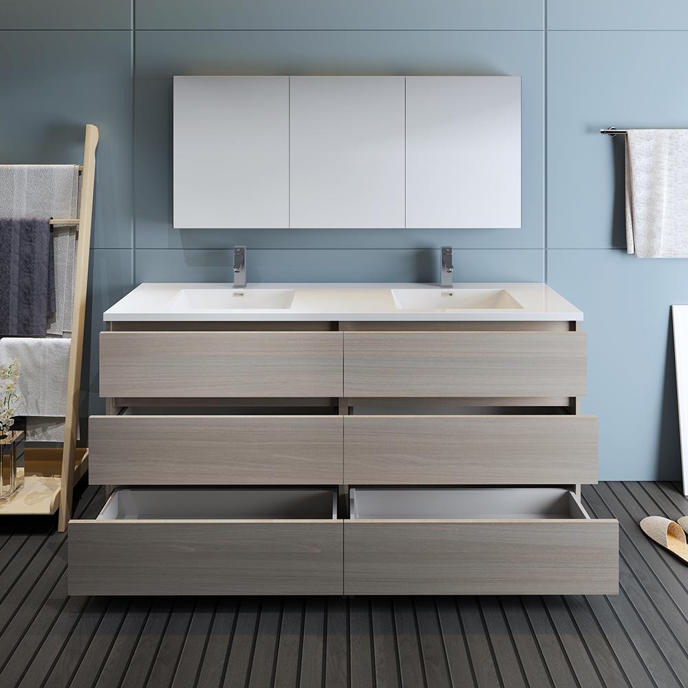 Contemporary 71" Gray Wood Double Sink Vanity Set with Acrylic Top