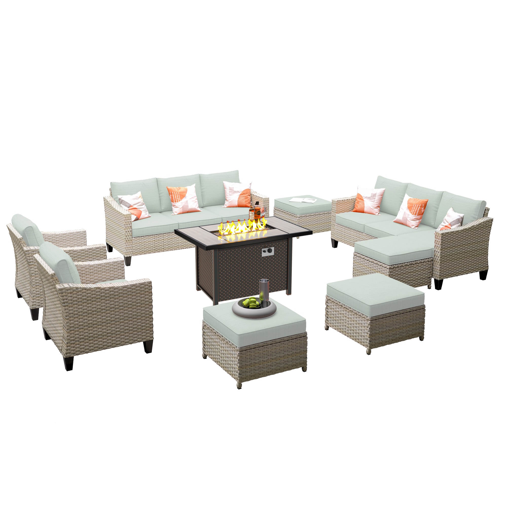 Pouuin SFPYZDAR908 9 -Piece Wicker 2 Patio Sofa Conversation Set with Green Cushions