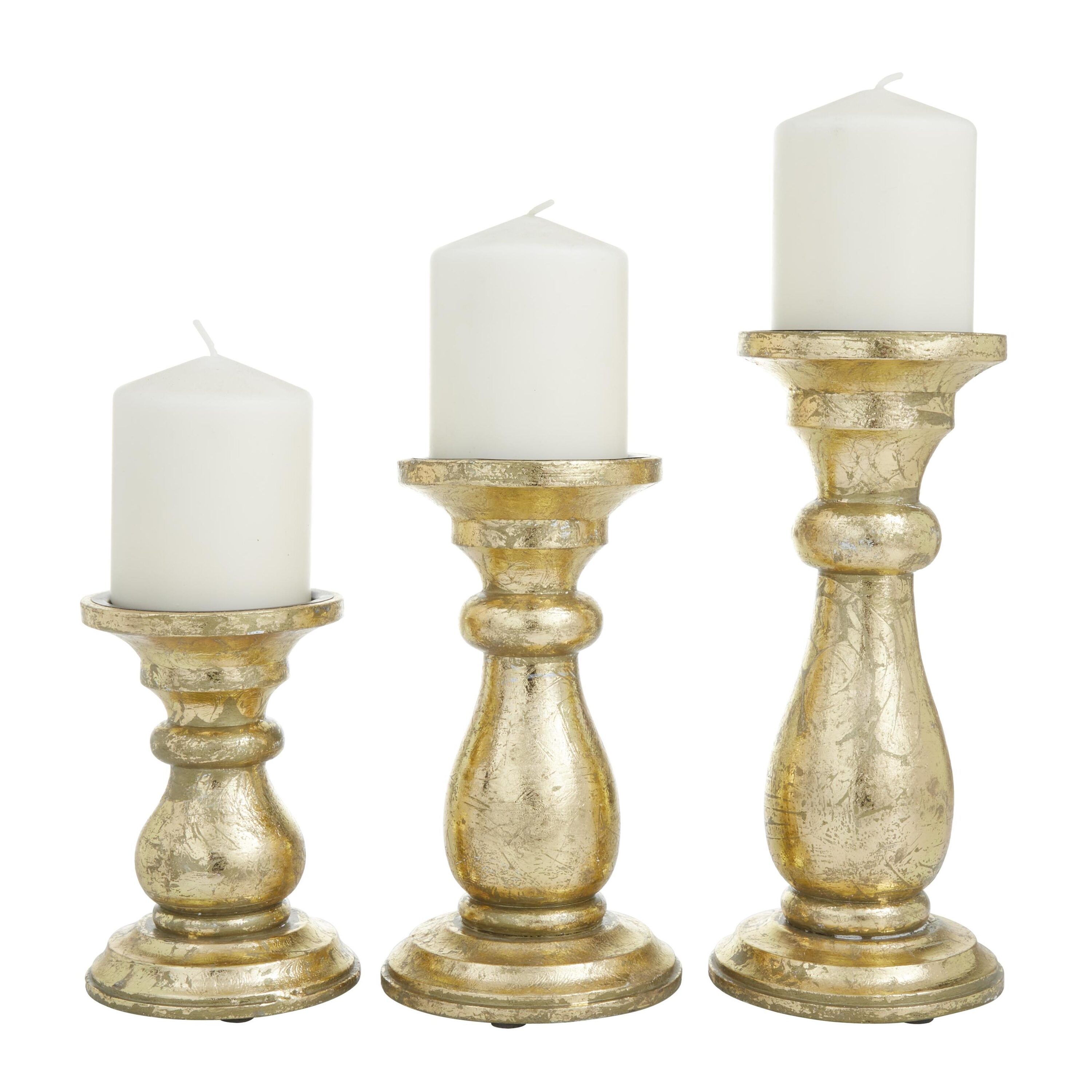 Elegant Gold Mango Wood Pillar Candle Holder Trio