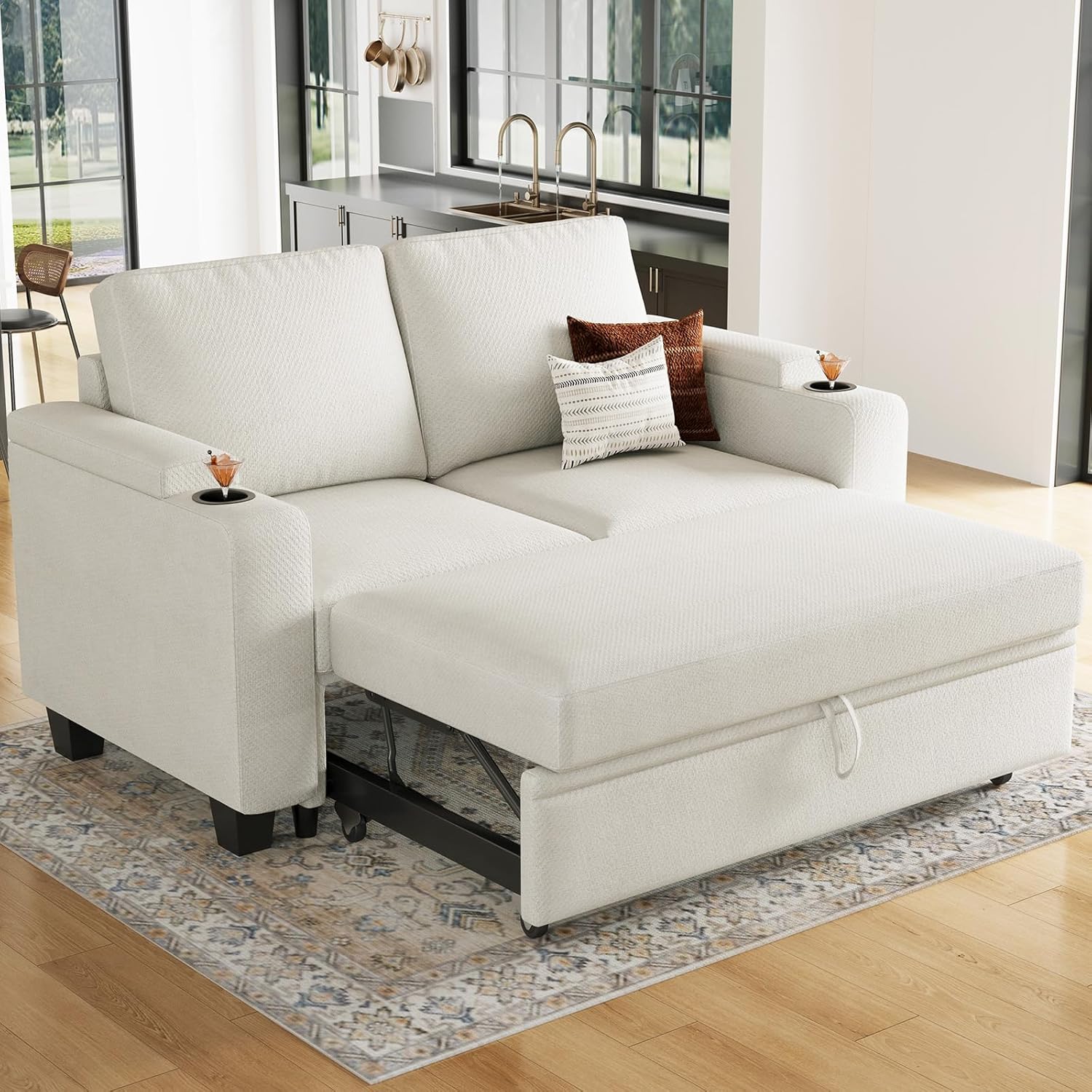 Belffin BF098-AG-WHITE Modular 2 Seater Modular Chenille Pull-out Loveseat Sofa with Storage Seats