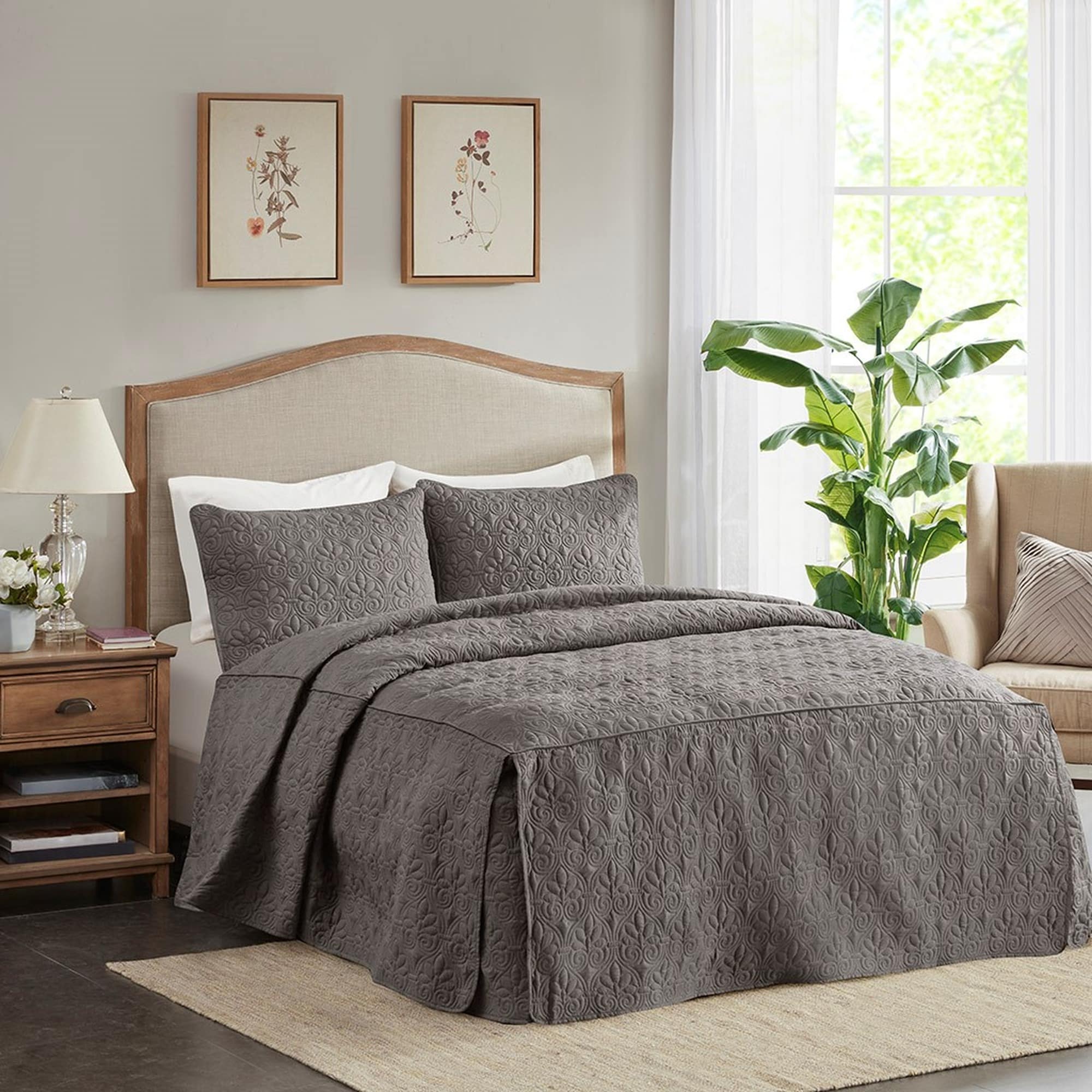 HyperDrop Cart Queen Dark Grey Grade A 3-Piece Split Corner Pleated Quilted Bedspread - Heavy-Duty for Guest Room