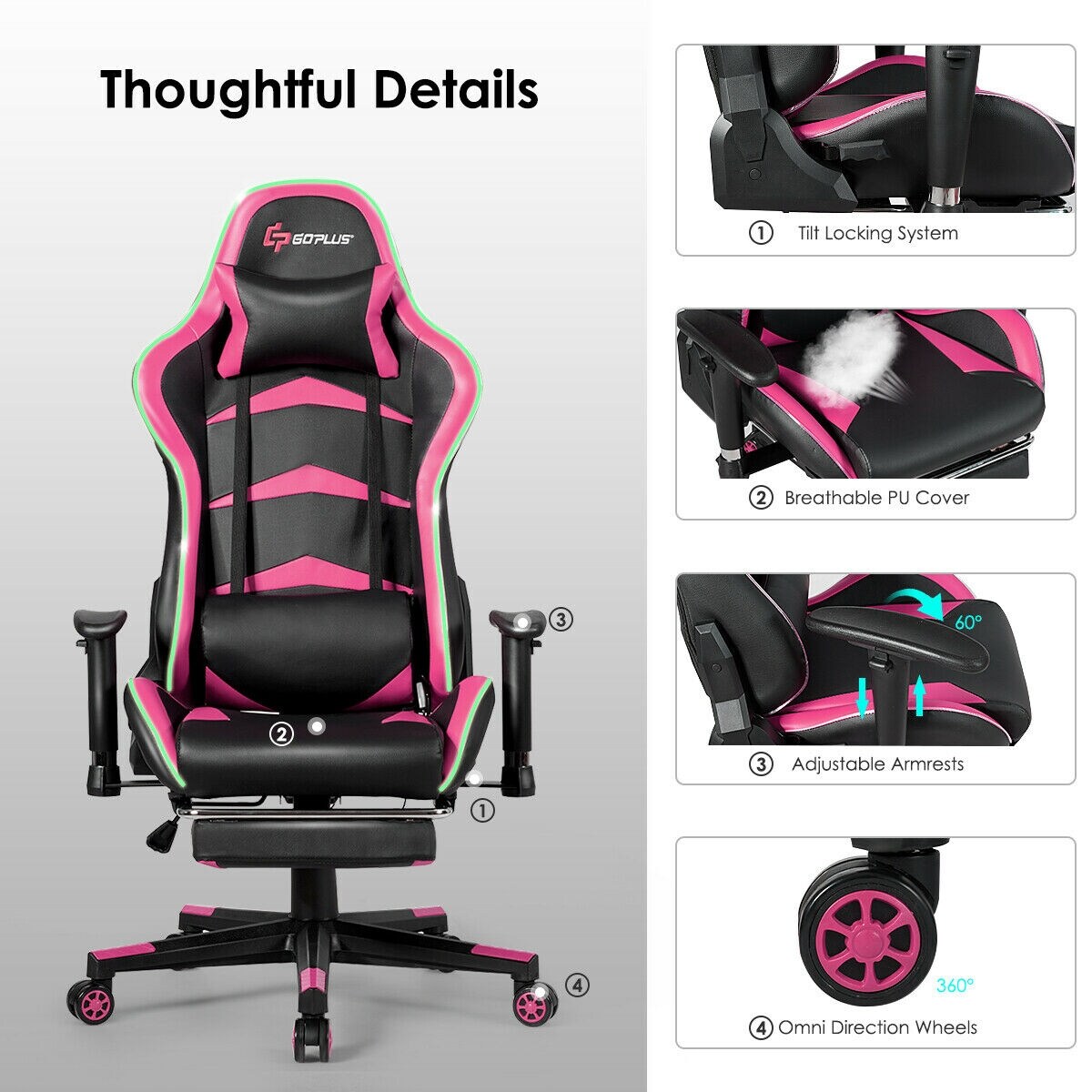 EDWELL Adjustable Reclining Ergonomic Faux Leather Swiveling PC & Racing  Game Chair with Footrest in Pink