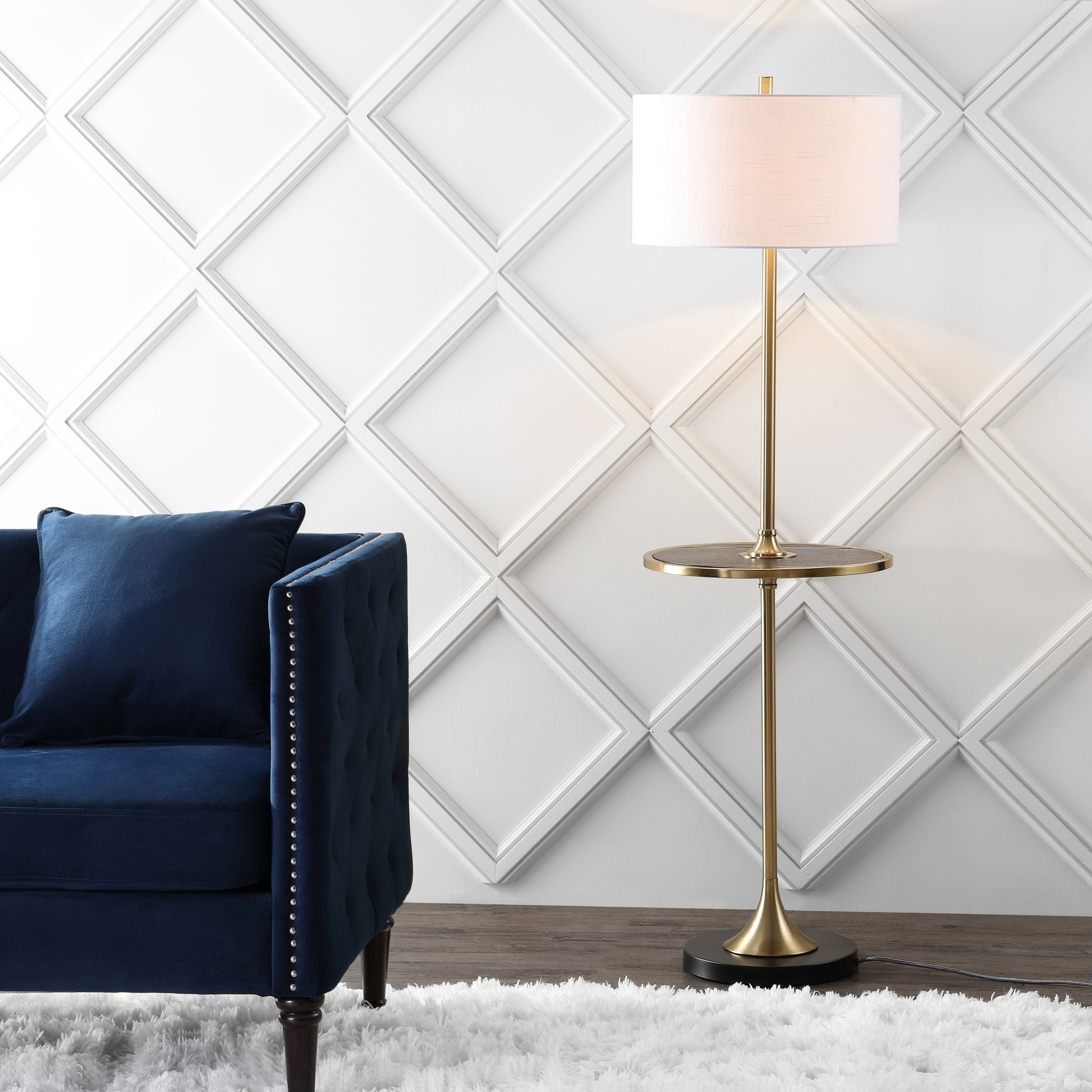 Transitional Black and Brass LED Floor Lamp with Integrated Wood Table