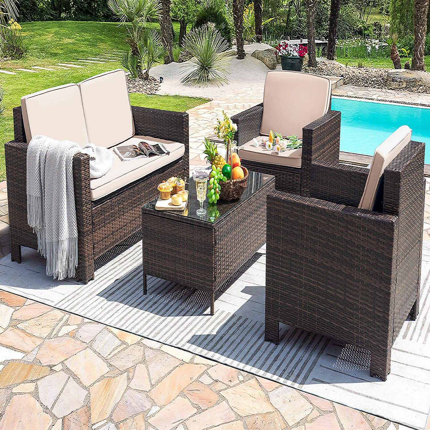 Vineego 4 Piece Wicker Patio Conversation Set with Off white