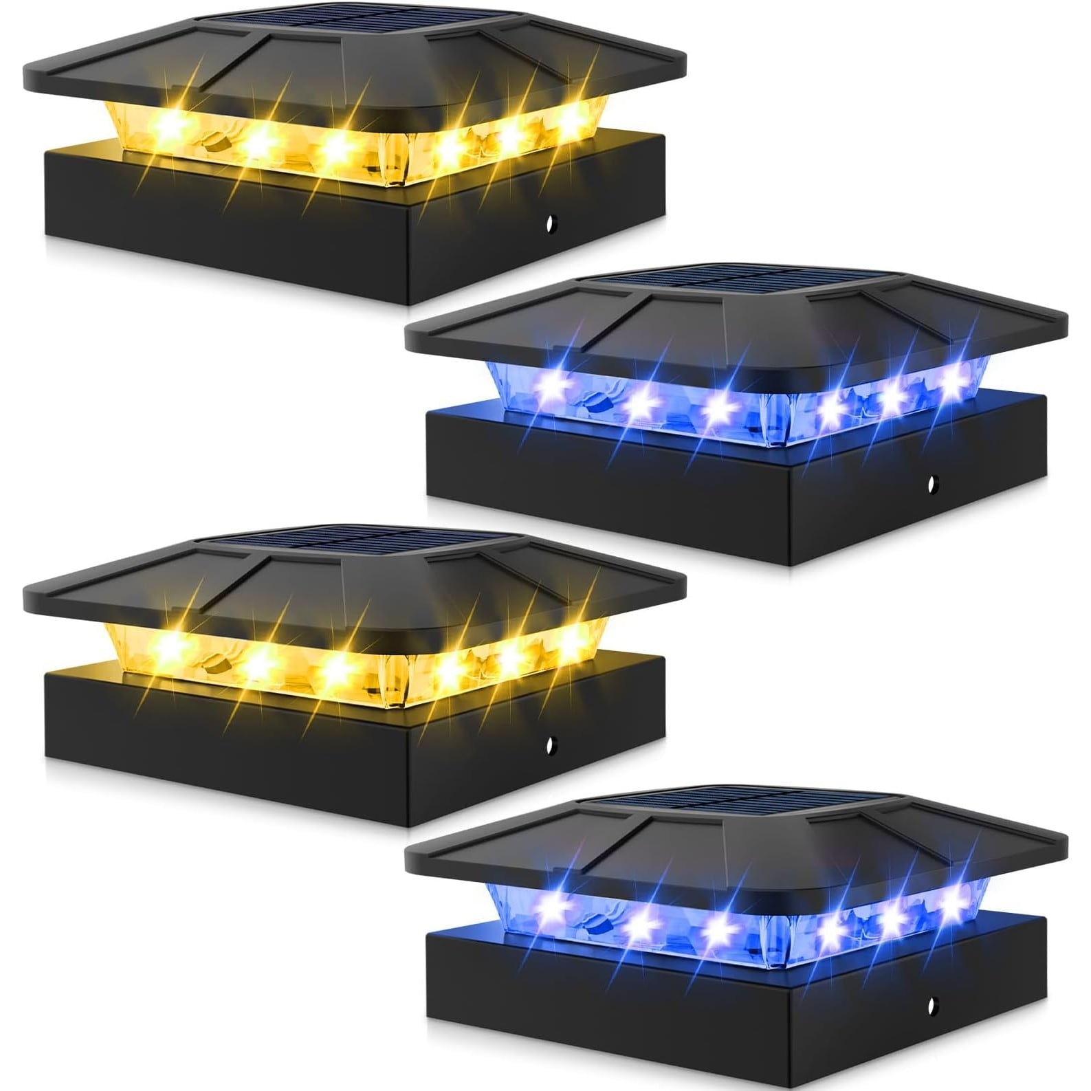 Slagawa  4 Pack Solar Post Lights for 4x4 Fence Posts Blue and Warm White LED Cap Lights Waterproof Outdoor Post Top Lighting for Deck Mailbox Railing Porch