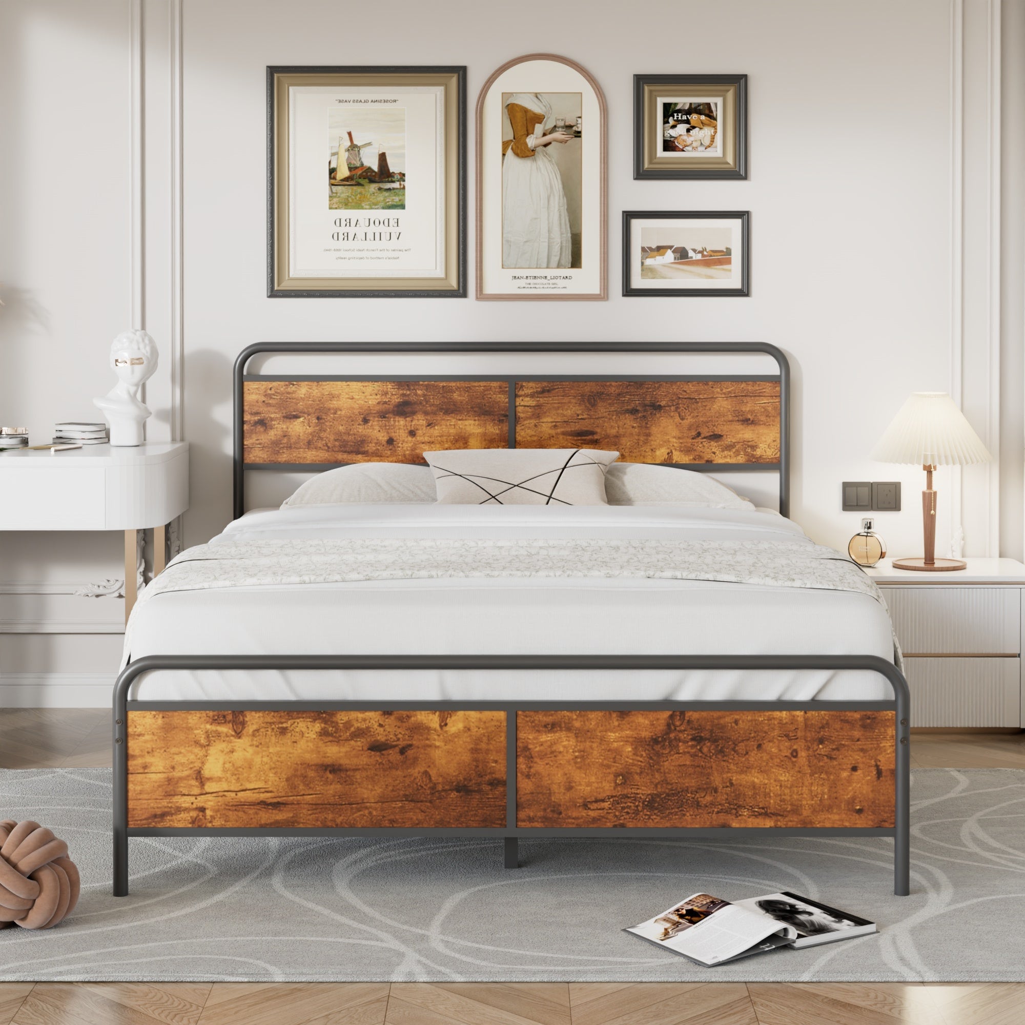 Vecelo LOE-CHYX-RBT13-HSMQ Brown Queen Size Bed Frames with Wood Headboard and Footboard Strong Metal Slats Support for Platform Easy Assembly