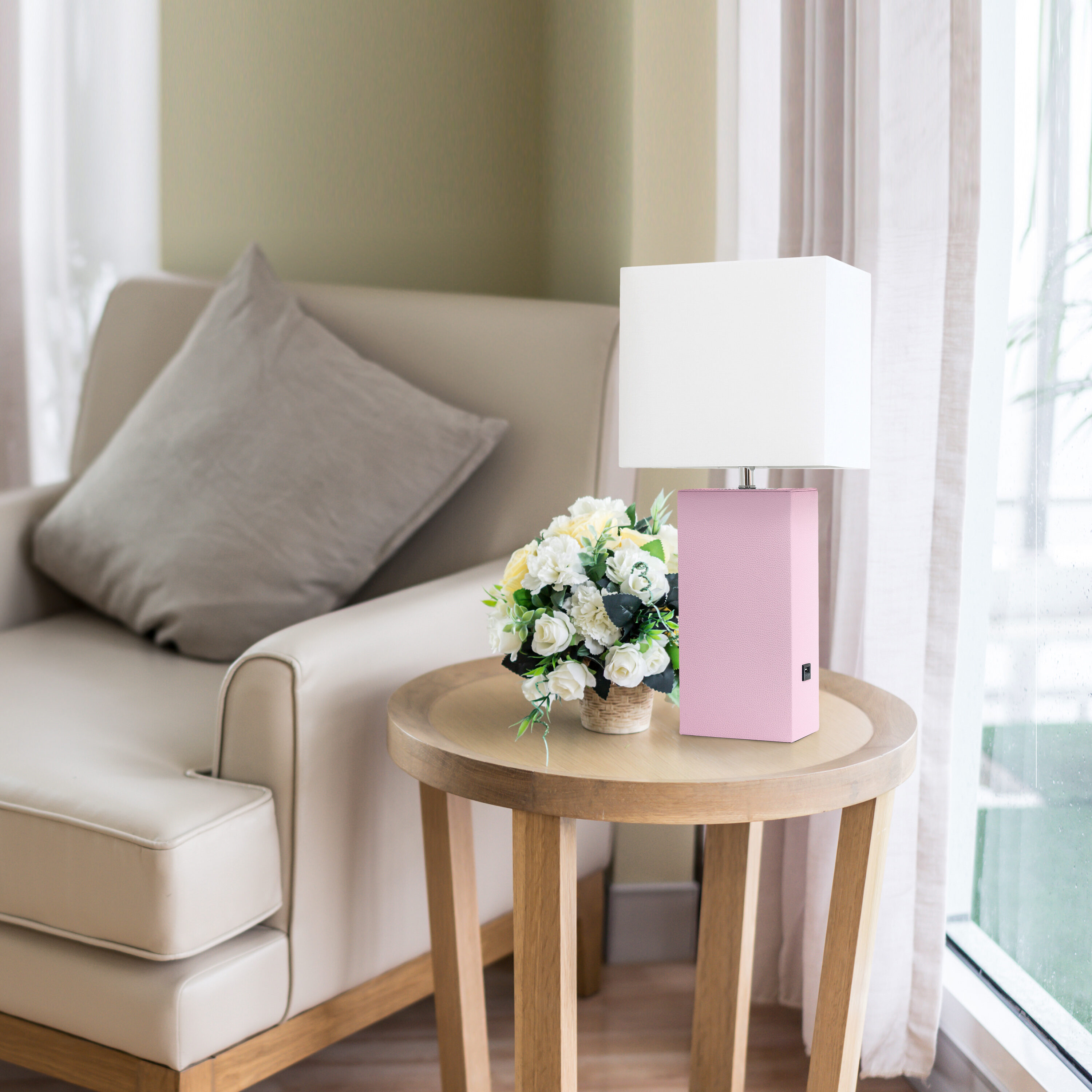 Lexington 21" Blush Pink Leather Base Modern Nightstand Lamp with USB Port