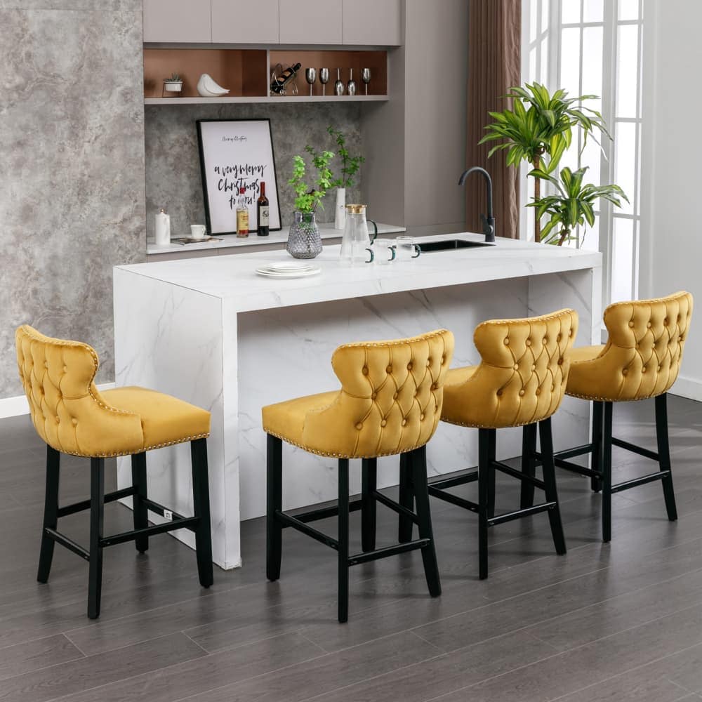 Maison Boucle DAXA-COUNTER-YELLOW Set of 4 Yellow Velvet Counter Stools with Black Wooden Legs Bar Stools Counter Height for Kitchen