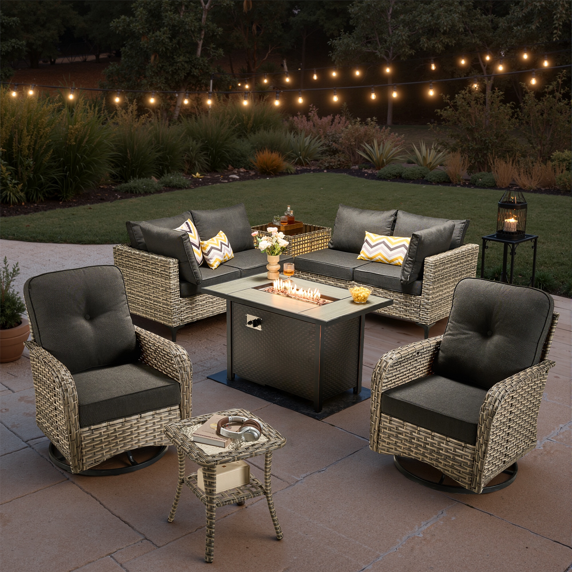 weaxty CFP03DSCRRSYZVNC109 Lotus Wicker Outdoor Sectional with Black Cushions and Steel Frame