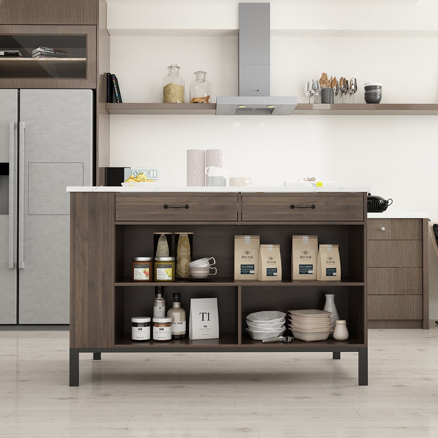 FUFU&GAGA Brown Mdf Base with Mdf Top Kitchen Island (30-in x 55.1-in x 36-in)