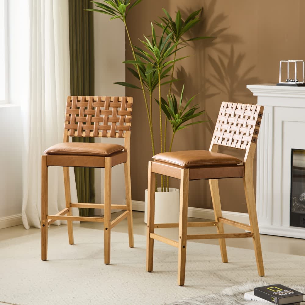 Coolbibila BONNIE-STOOLS-BROWN Natural Rubberwood Bar Stools Set of two with Brown PU Upholstered Plaid Back for Kitchen Island