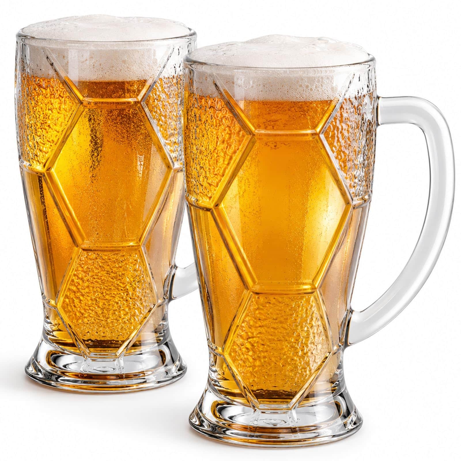 Aoibox  Soccer 22oz Beer Glasses 2 Pack with Handle 3D Hexagon Texture and Frosted Finish for Fans