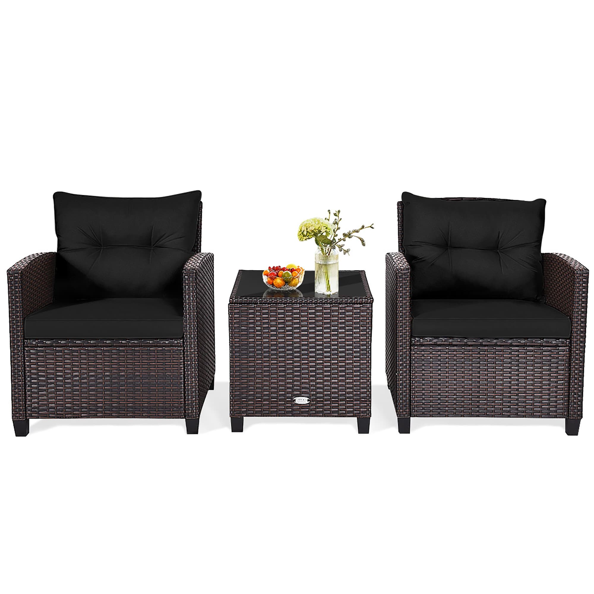 Forclover ALSM-A17GR 3 -Piece Rattan Patio Conversation Set with Black Cushions